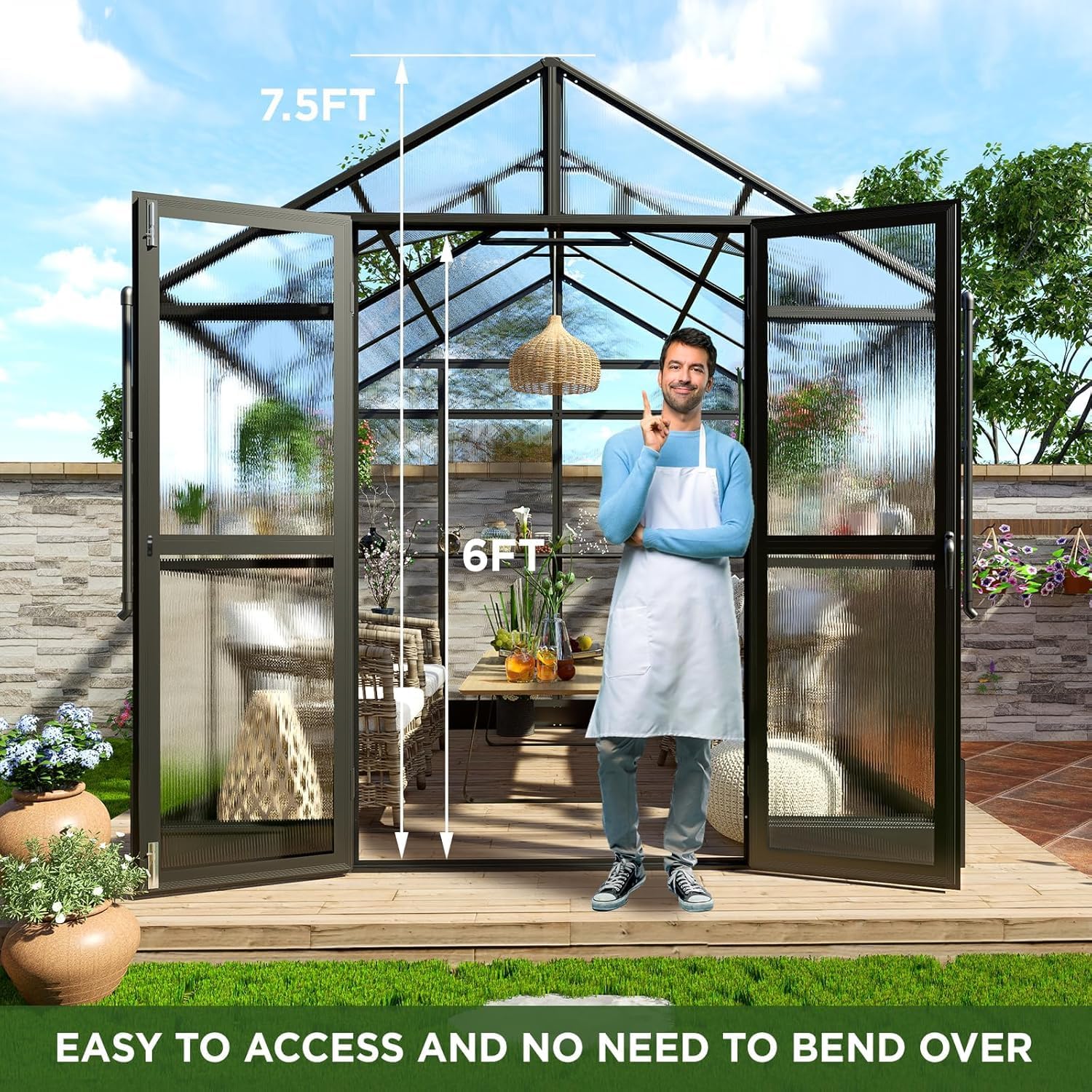 Premium 8x8x7.5 FT Polycarbonate Walk-in Greenhouse with Double Swing Doors & 2 Vents - 5.2FT Extended Wall Height, Durable Aluminum Frame for Year-Round Gardening - Ideal for Outdoor Winter Sunrooms, Backyard Plant Protection & All-Season Vegetable Growing (Black)