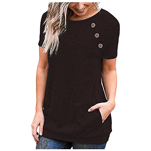 Qopobobo Women's Short Sleeve V-Neck Pocket Ruffled Loose Fit Solid Color Basic T-Shirt Tunic Top - Casual Wear, Office Outfits & Everyday Comfort