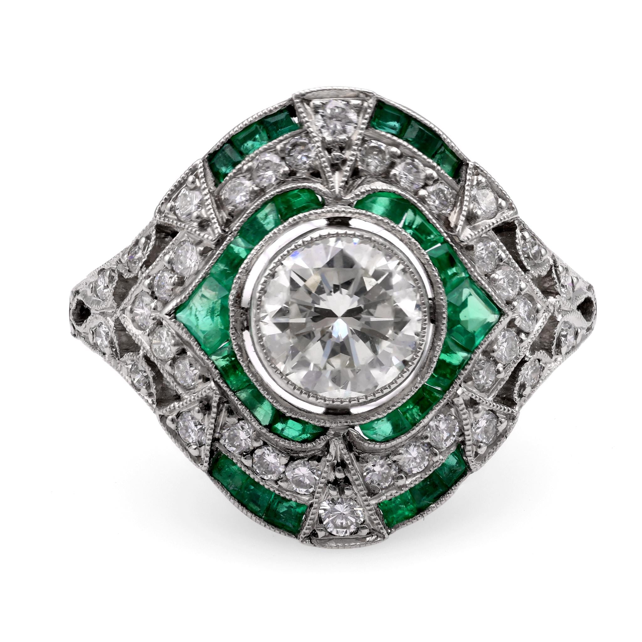 Art Deco Inspired .83 Carat Diamond & Emerald Platinum Ring - Vintage Style Engagement Ring for Women, Perfect for Weddings, Anniversaries & Special Occasions