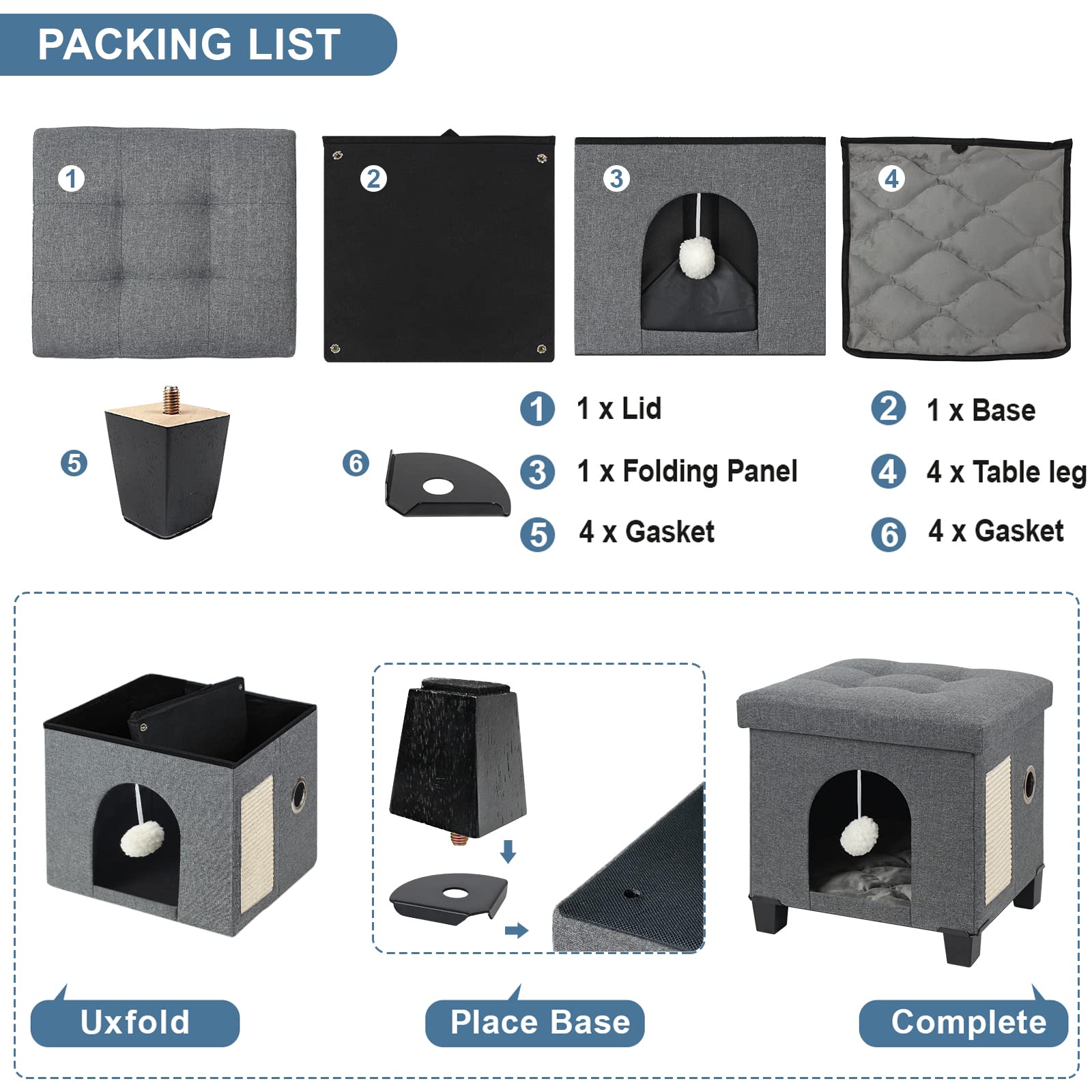 BRIAN & DANY Foldable Cat Bed for Indoor Cats - Large Cat Cube House with Scratch Board & Toy Ball, 14.5