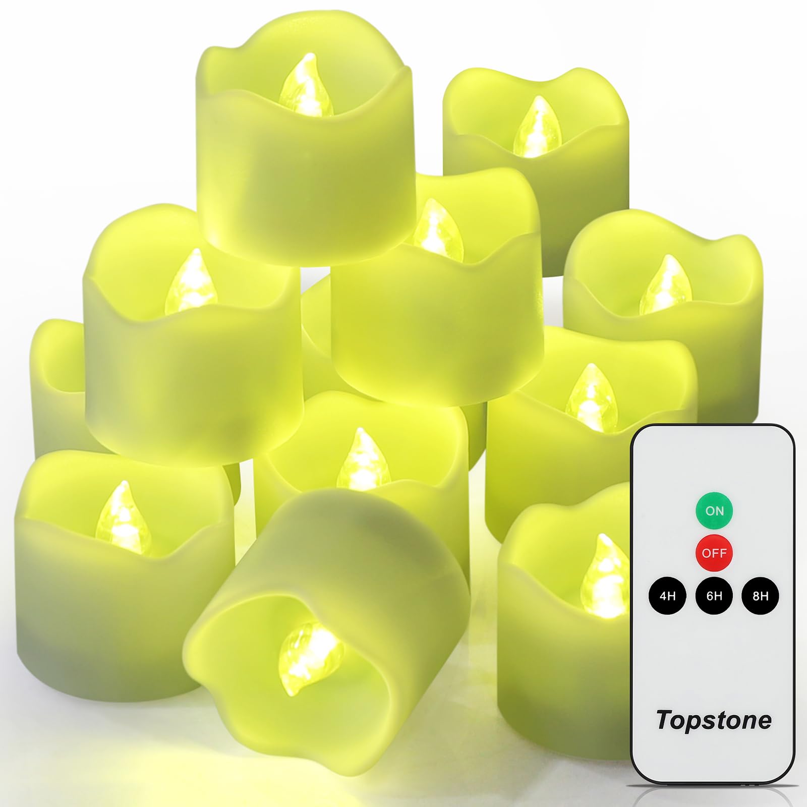 Topstone Battery Powered Flameless Candles with Timer - 12 Pack Remote Control LED Tealights, Green Electric Votive Candles for Wedding Decorations, Party Centerpieces, Christmas & Holiday Home Decor