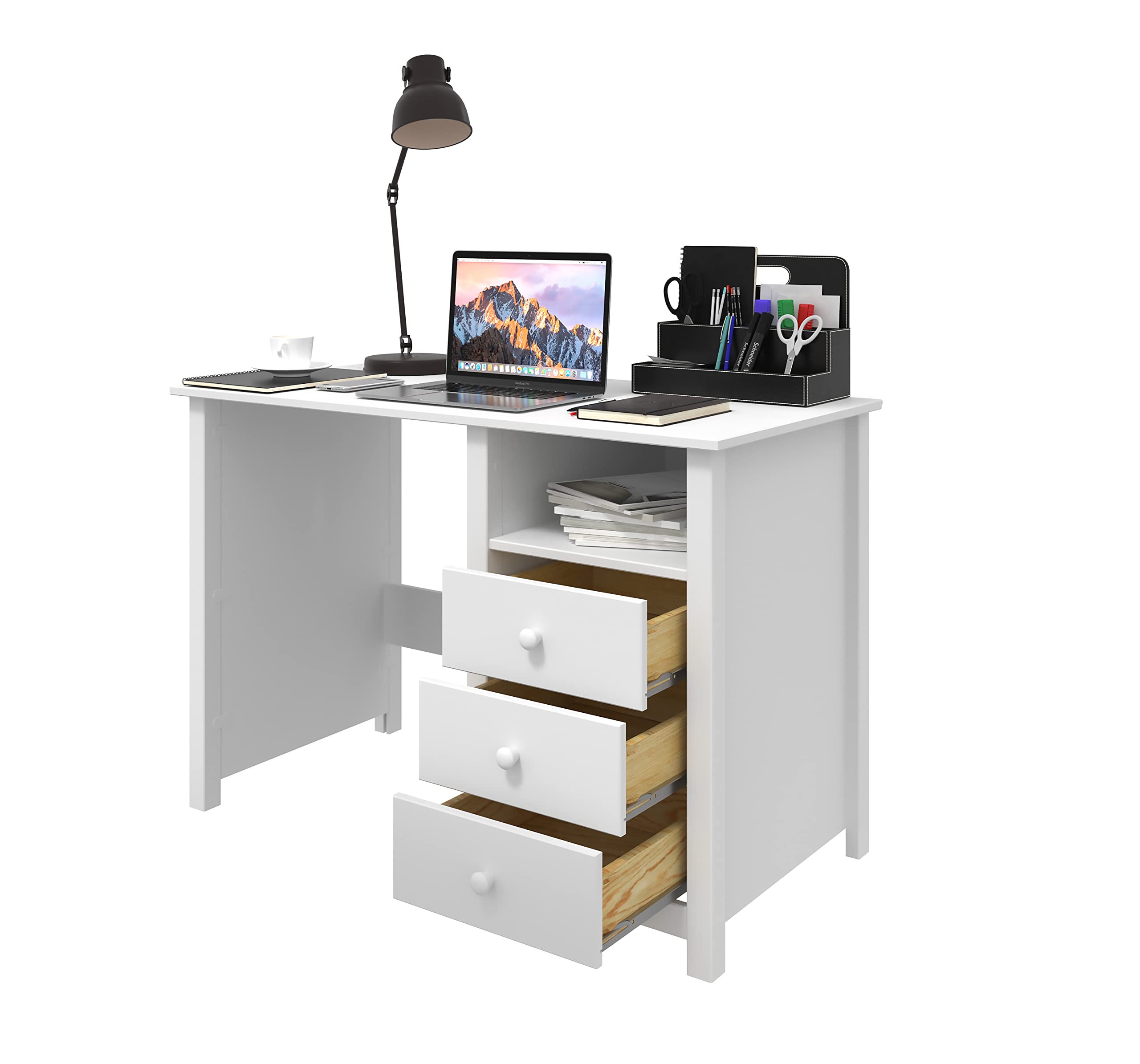 Solid White Pine Wood Computer Desk with Drawers - Compact Home Office Desk for Study, Bedroom & Workspace - Durable Writing Desk with Smart Storage Solutions - Perfect for Remote Work, Online Classes & Small Spaces