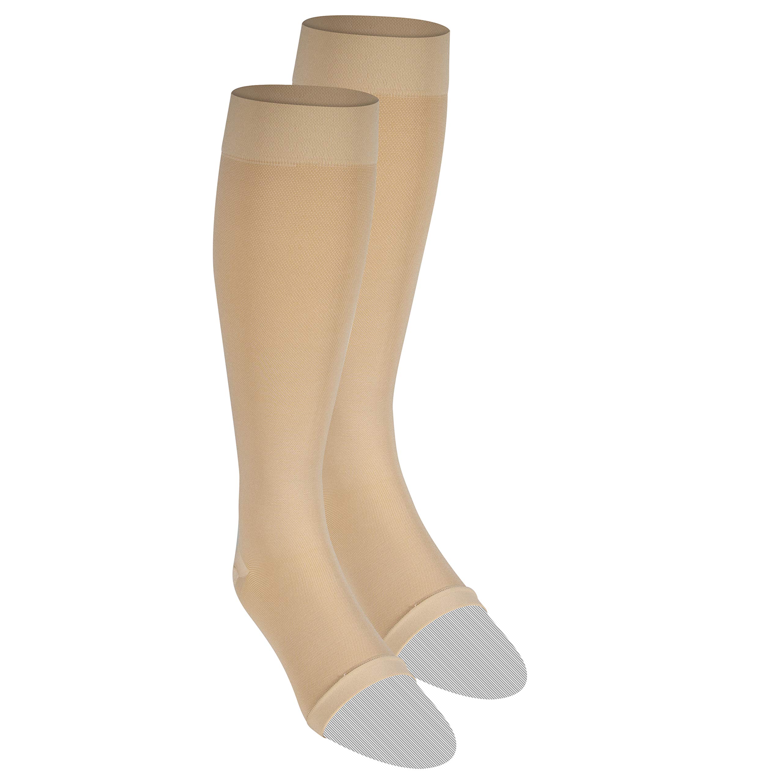 NuVein Medical Compression Stockings 20-30 mmHg - Knee High Open Toe Support Socks for Women & Men - Beige Large Size - Ideal for Varicose Veins, Edema, Pregnancy & Travel Comfort