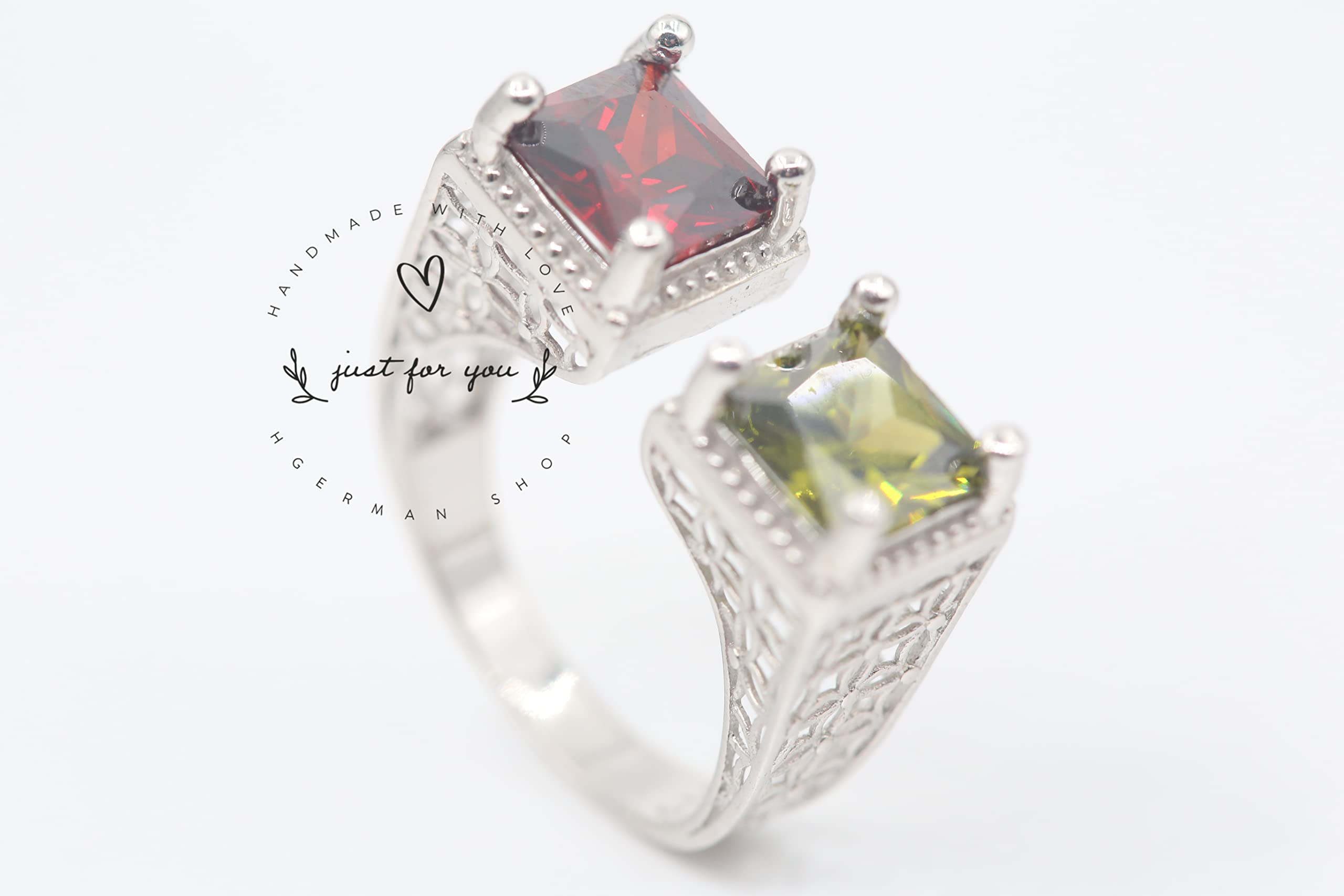 Exquisite Square Cut Ruby & Olive Green Sterling Silver Reversible Ring - Handmade Two-Sided Jewelry for Women | Unique 2 Stone Ring Gift for Her | Perfect for Date Nights, Anniversaries & Special Occasions