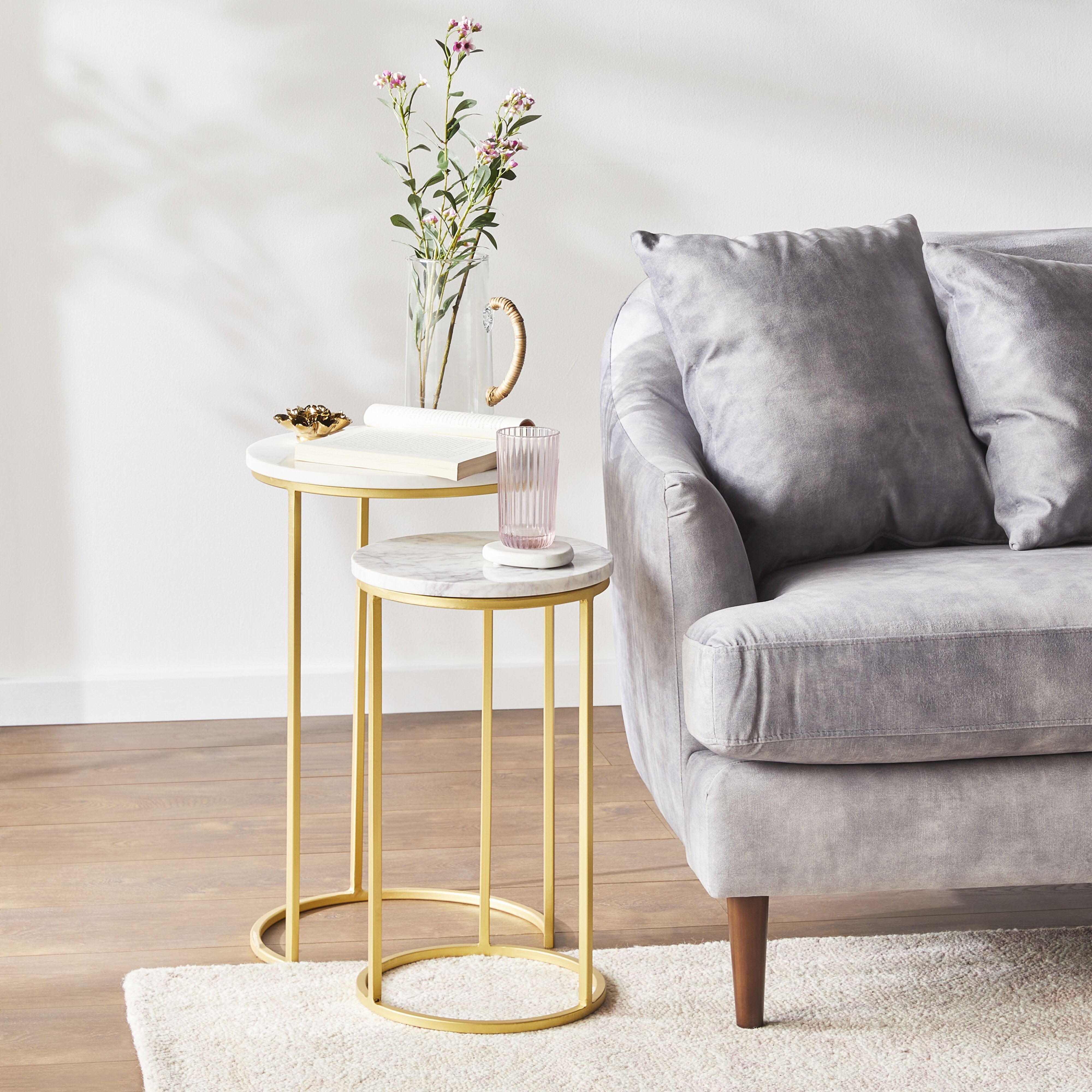 Avoca Marble Top Side Table Set of 2 - Modern End Tables with White Marble & Gold Metal Base - Perfect for Living Room, Bedroom & Office Decor