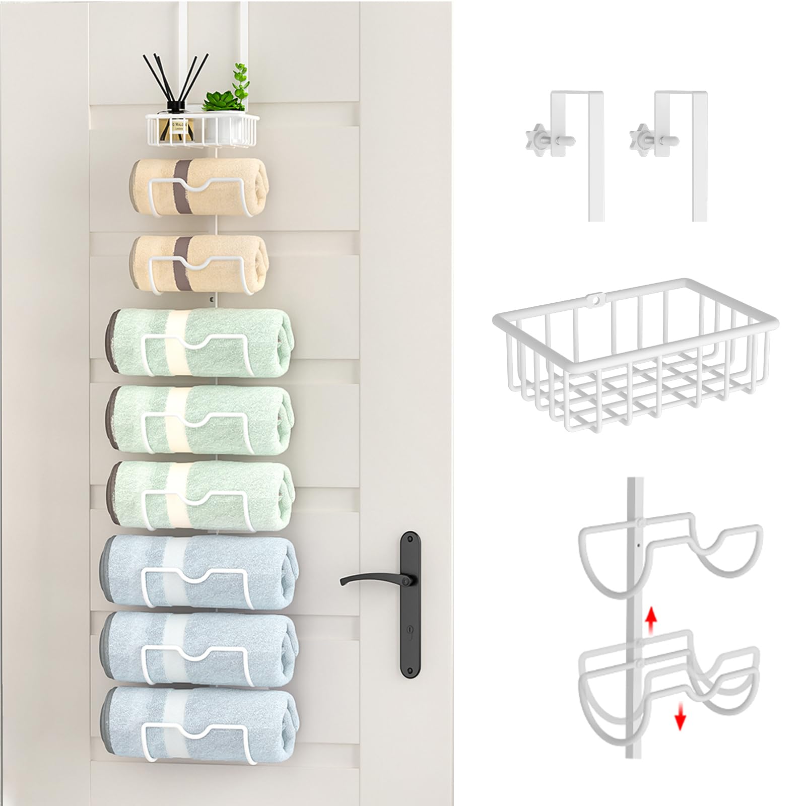 X-cosrack 9-Tier Adjustable Over The Door Towel Rack - Space Saving Bathroom & Closet Organizer for Towels, Robes & Accessories - Perfect for Small Bathrooms, Walk-in Closets & Laundry Rooms (White)