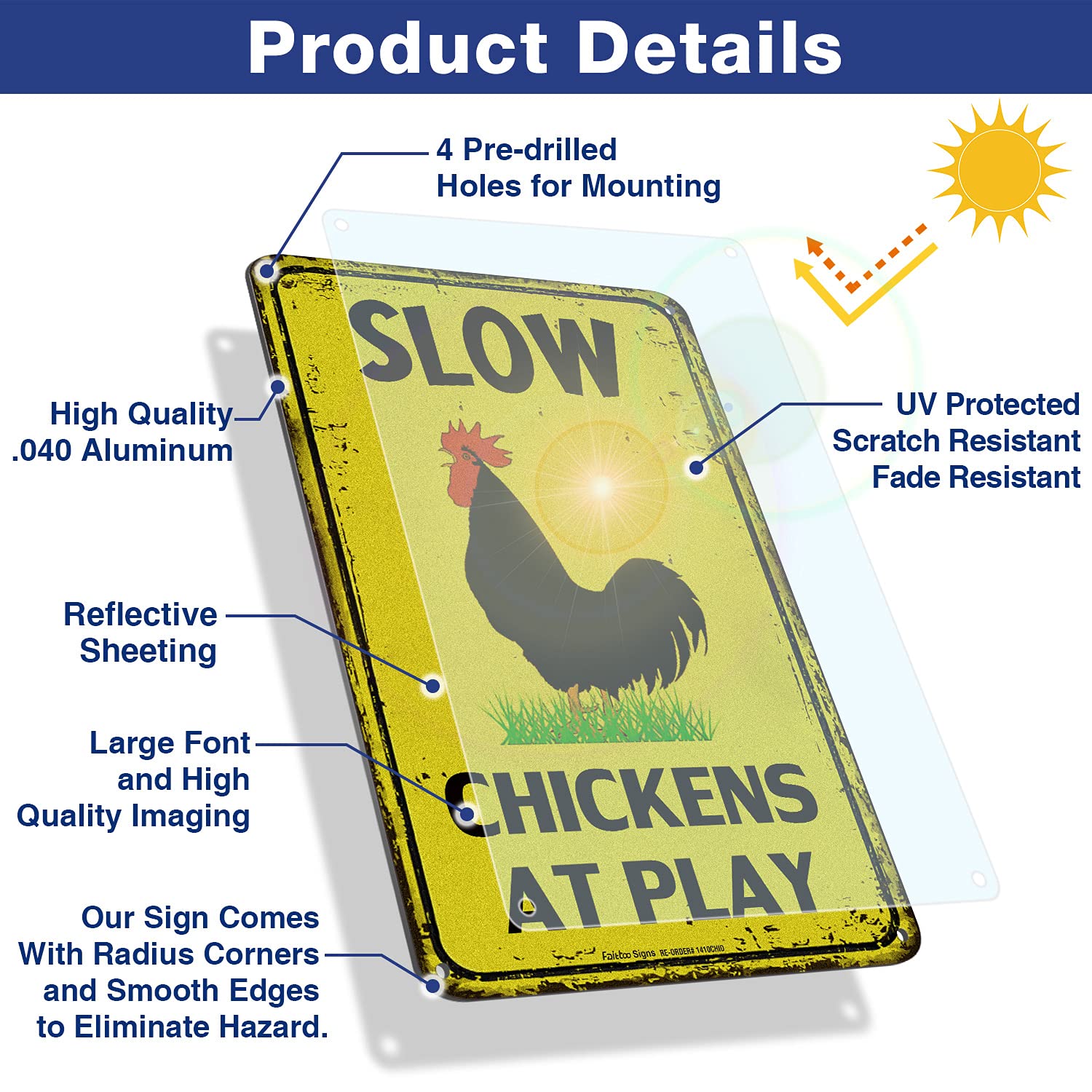 Slow Chickens at Play Caution Sign - 14x10 Inch Reflective Aluminum Metal Sign for Chicken Crossing, Fade & UV Resistant, Weatherproof for 7 Years - Perfect for Farms, Backyards & Rural Road Safety