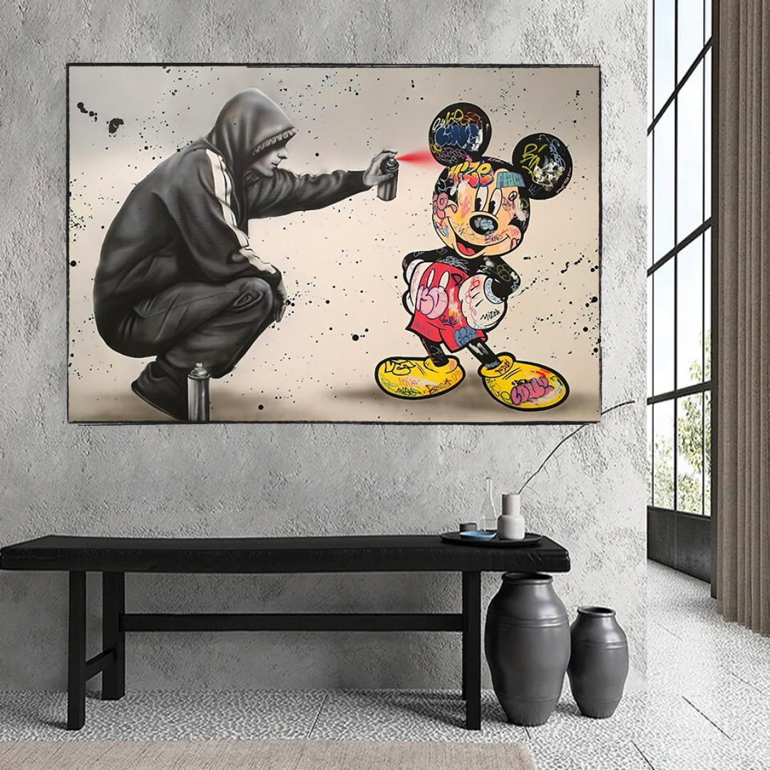 Banksy Mickey Mouse Spray Painted Canvas Wall Art - Urban Street Art Print for Modern Home & Office Decor | Perfect for Living Room, Bedroom & Studio Wall Display