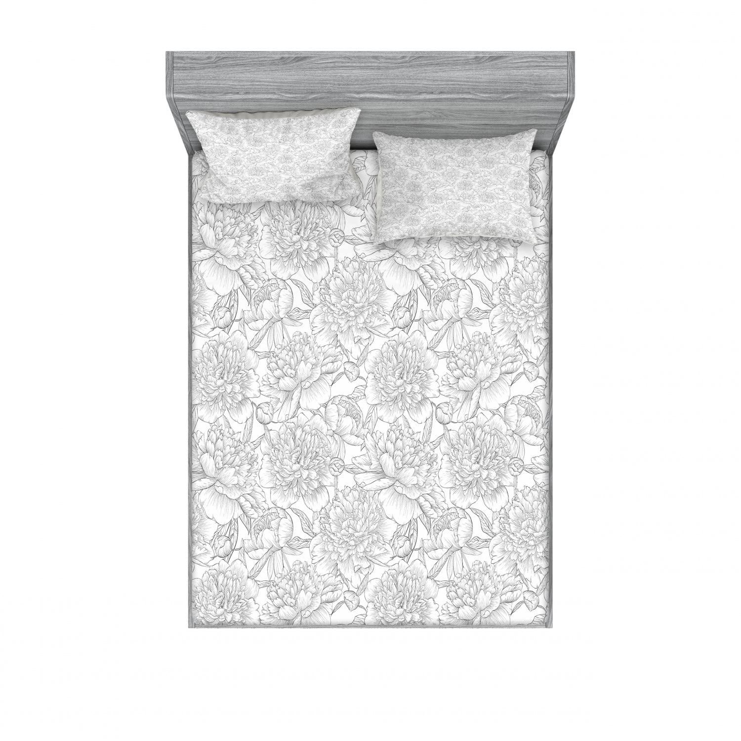 Ambesonne 2-Pack Queen Size Fitted Sheet & Pillow Sham Set - Peony Floral Design with Leaves in White & Grey | 4-Piece Bedding Set Includes 2 Fitted Sheets & 4 Pillow Covers | Perfect for Master Bedroom, Guest Room & Vacation Home Decor