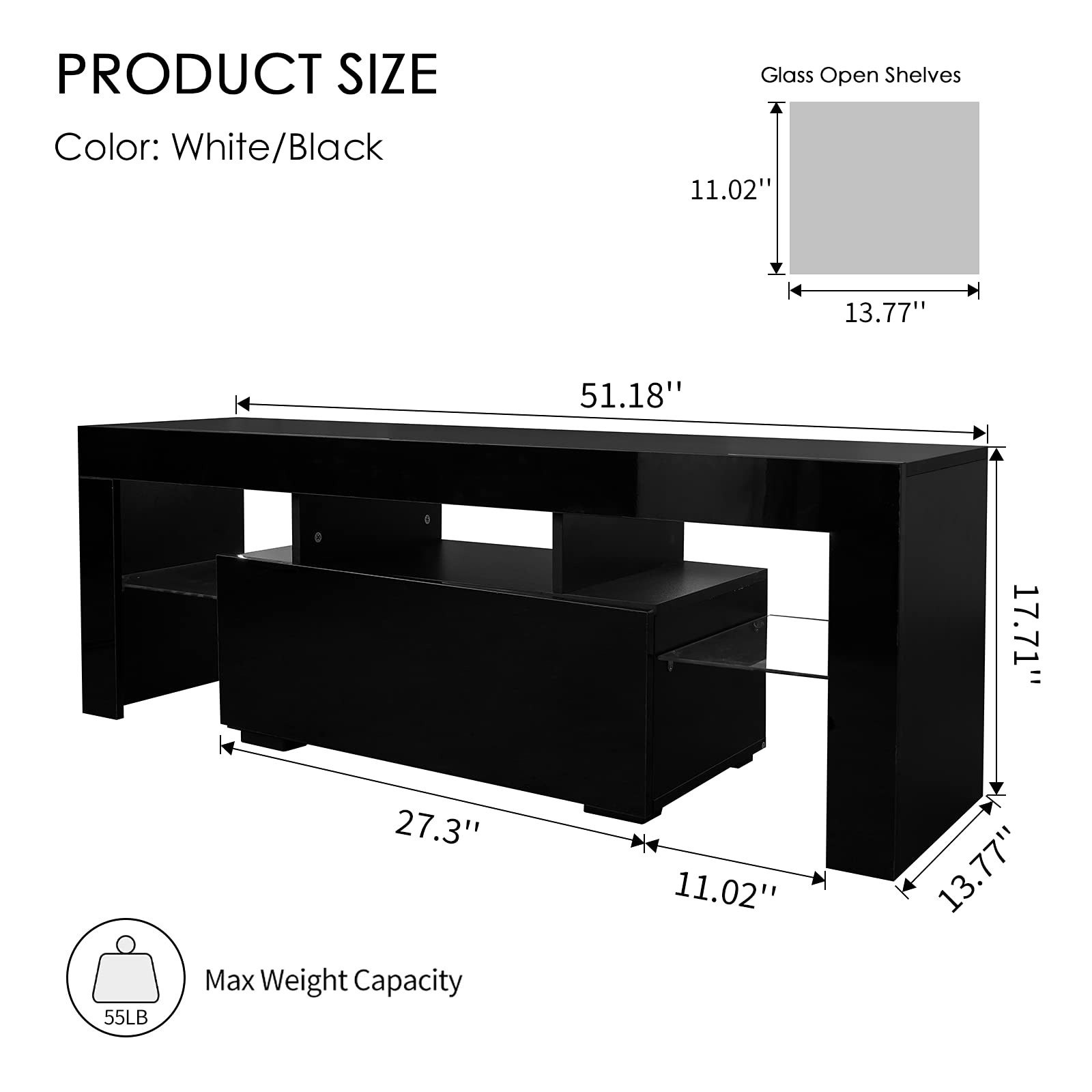 WERSMT Black TV Stand with LED Lights, Modern High-Gloss Entertainment Center for 55-60 Inch TVs - 2 Glass Open Shelves & Storage Drawer | Perfect for Living Room, Bedroom & Home Theater Setup