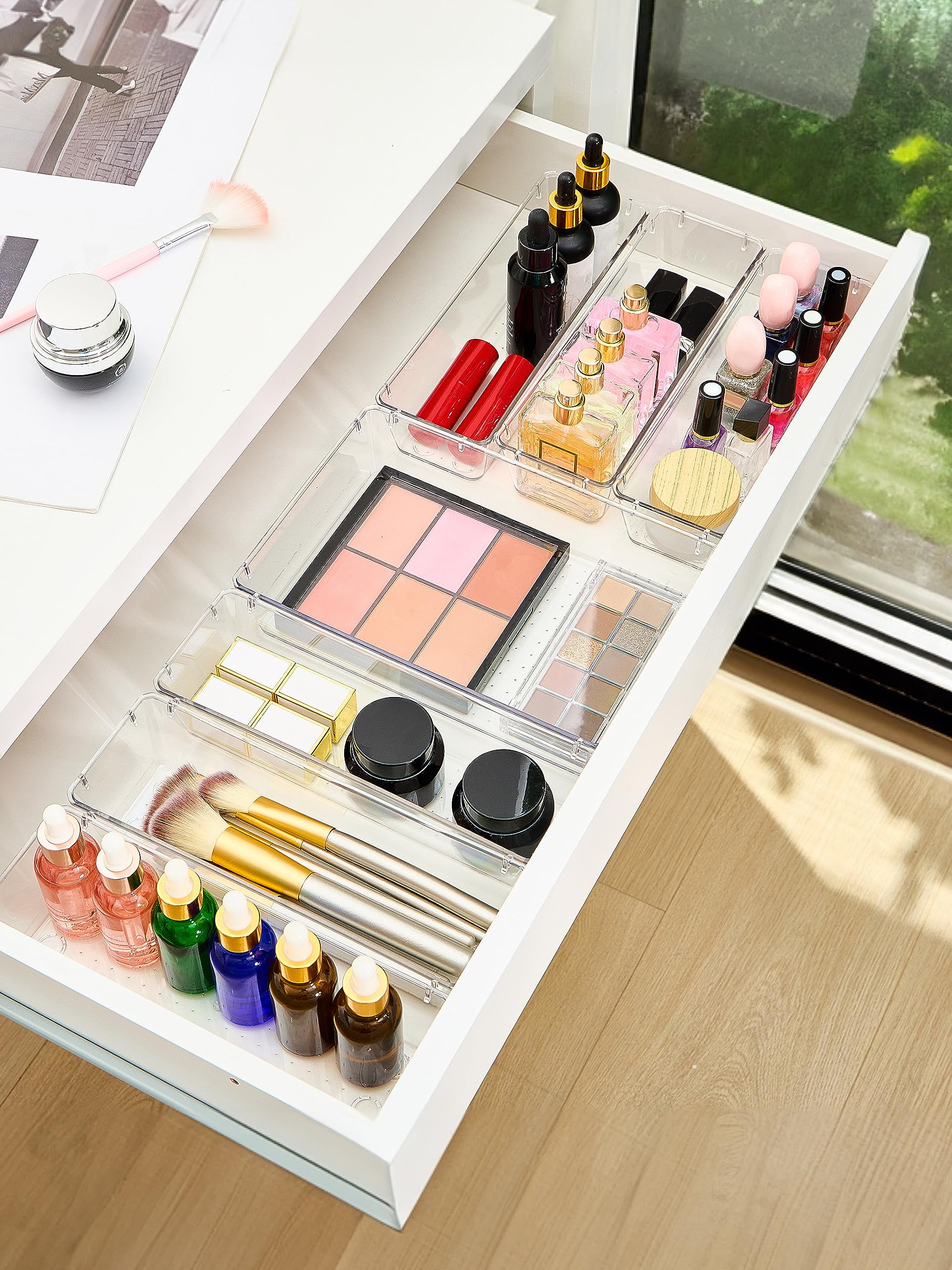 Smartor 6-Piece Clear Plastic Drawer Organizers Set - Non-Slip Storage Bins for Makeup, Office, Kitchen & Bathroom | Perfect for Desk Organization, Jewelry Storage & Home Decluttering
