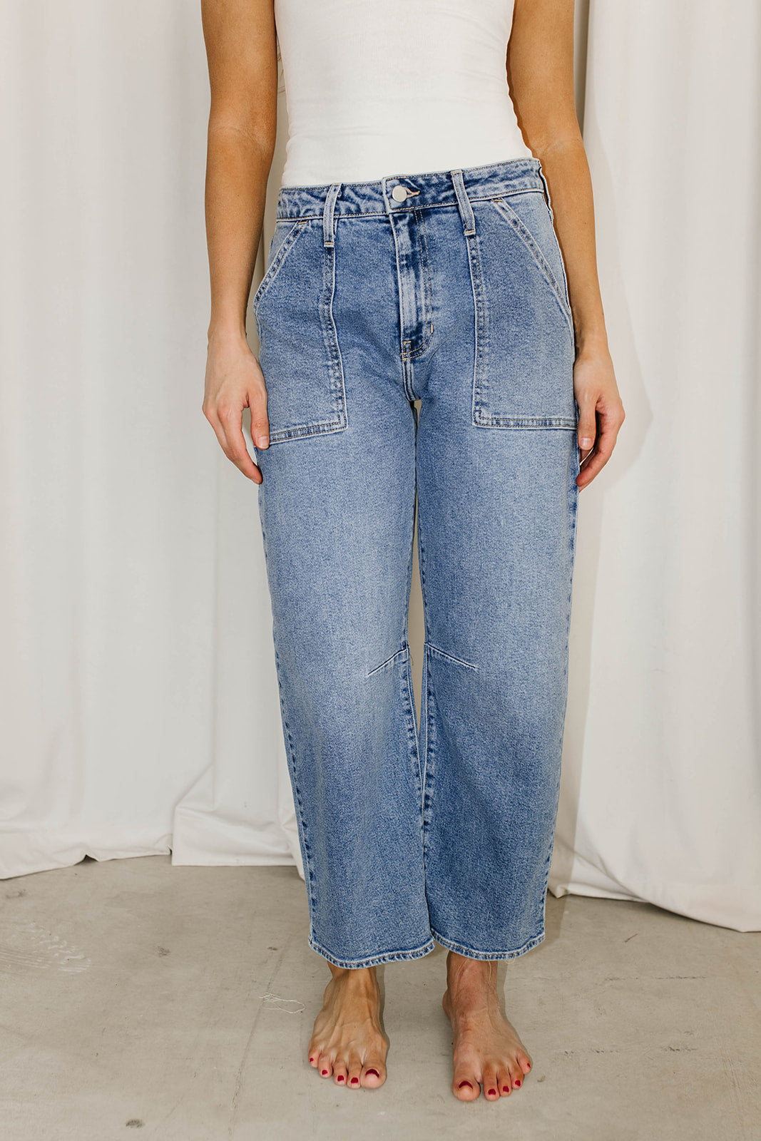 Ayla Women's Utility Barrel Jeans - Medium Wash Denim Pants for Casual Wear, Work & Outdoor Activities