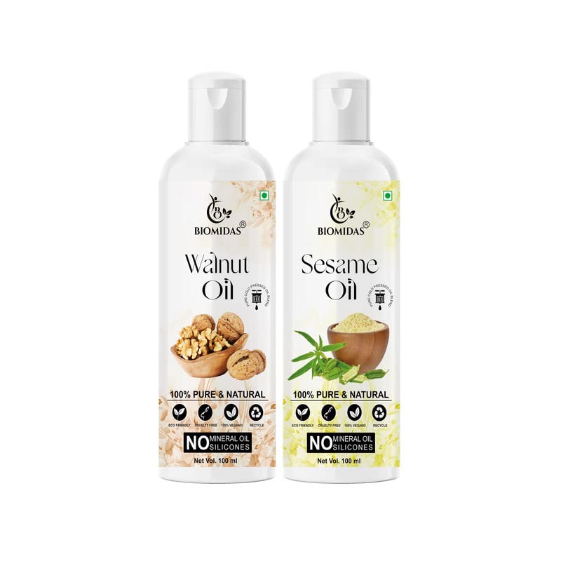 Biomidas 100% Pure Walnut Oil & Sesame Oil Combo (100ML Each) - Natural Hair Growth Treatment for Thicker Hair, Reduces Hair Fall & Split Ends, Promotes Soft & Shiny Hair - Perfect for Daily Scalp Massage & Deep Conditioning (Pack of 2)
