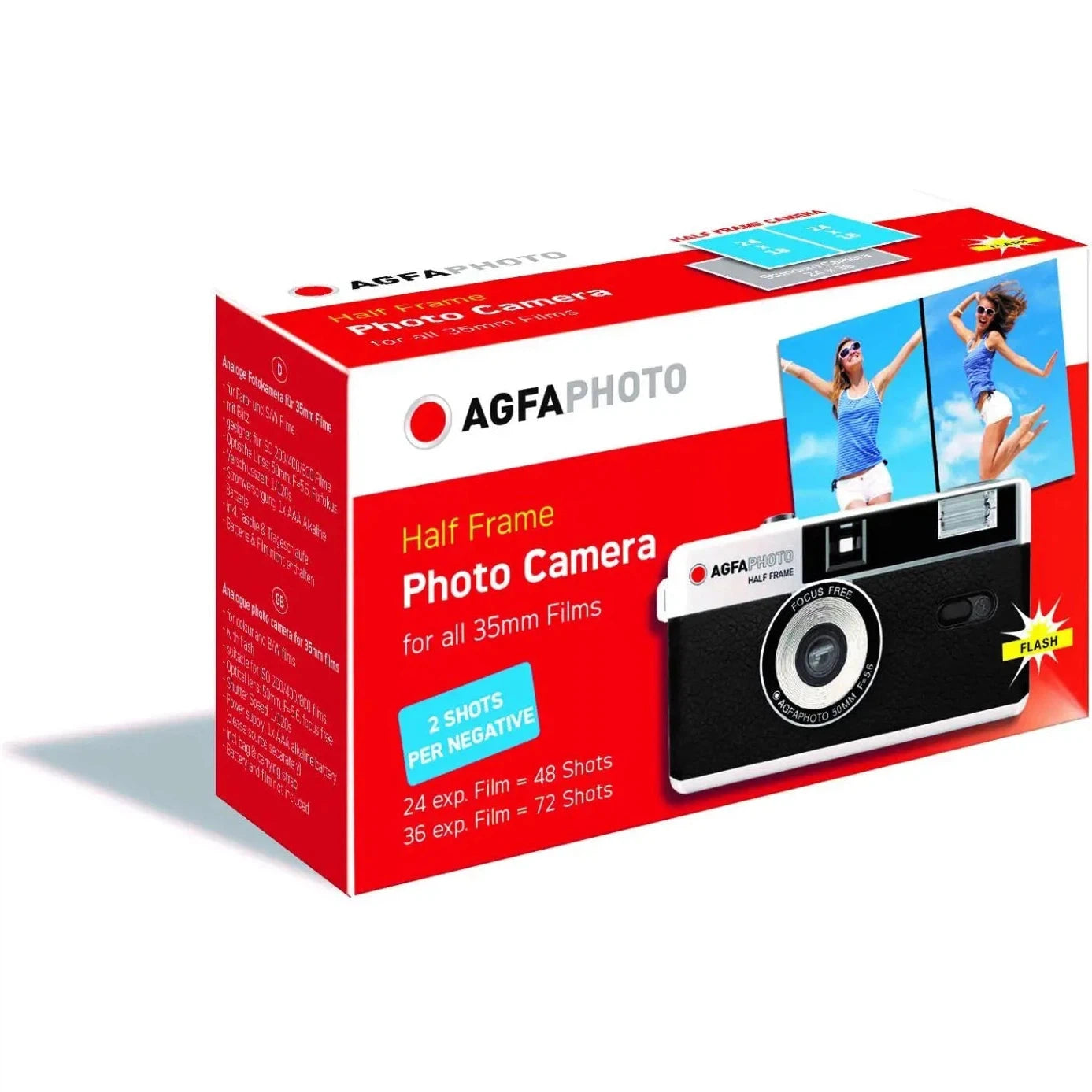 AGFA Reusable Half Frame Film Camera - Vintage 35mm Film Camera with Built-in Flash, Black | Perfect for Travel Photography, Street Shooting & Retro Film Enthusiasts