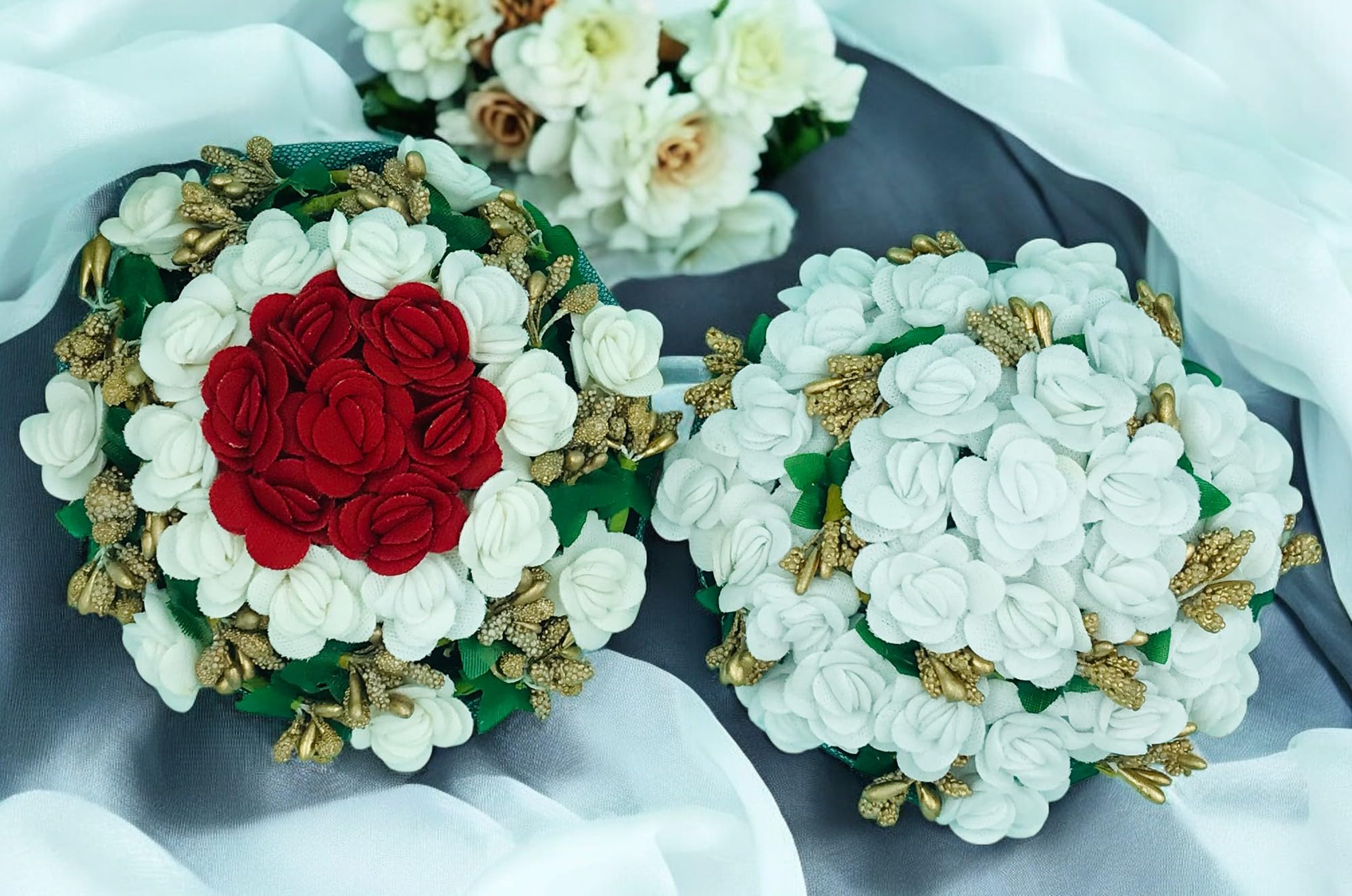 GadinFashion™ Red & White Full Juda Bun Hair Flower Gajra Combo (Pack of 2) - Bridal Hair Accessories for Weddings, Parties & Indian Traditional Events