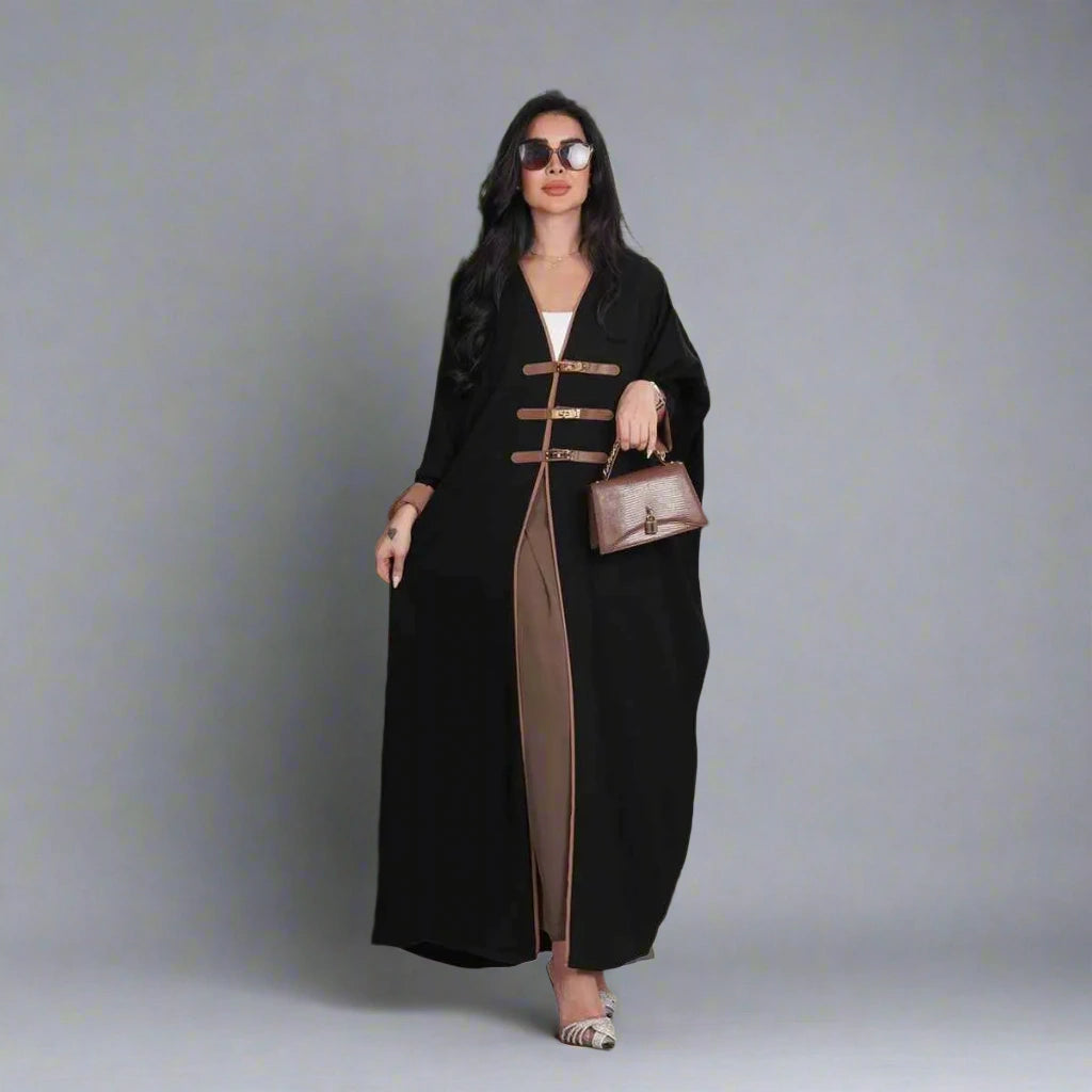 Premium Leather Buckle Women's Open Abaya Dress - Elegant Islamic Modest Fashion for Daily Wear & Special Occasions