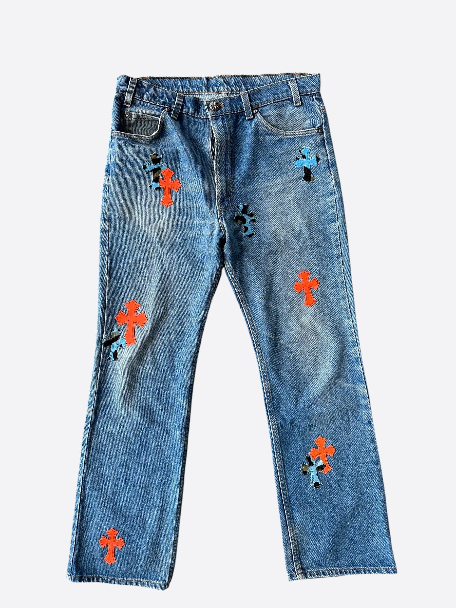 Chrome Hearts x Levi's Exclusive St. Barth Blue & Orange Cross Patch Jeans for Men & Women - Perfect for Streetwear, Casual Outfits, and Fashion Statements