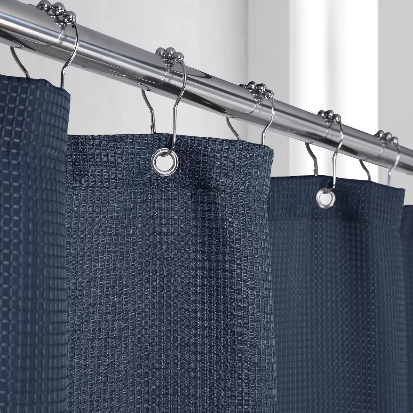GlowSol Navy Blue Waffle Weave Shower Curtain 72x72 Inches - Waterproof Polyester Fabric with Rust-Resistant Grommets for Bathroom Decor | Perfect for Modern, Farmhouse & Coastal Bathroom Styles
