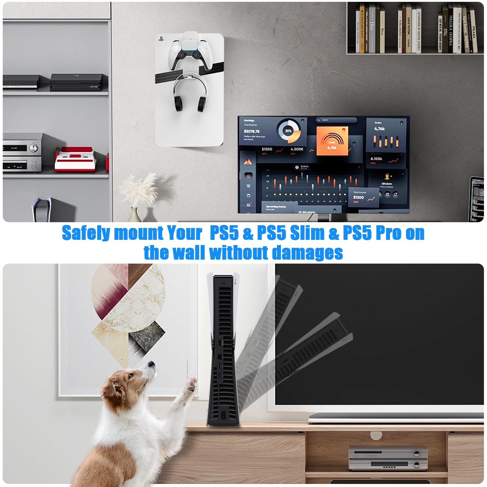 ACESHOP PS5 Wall Mount - Heavy Duty Steel Bracket for PS5/PS5 Slim/PS5 Pro Console with Controller Holder & Headset Stand (Black) - Perfect for Gaming Room Organization & Space Saving Setup