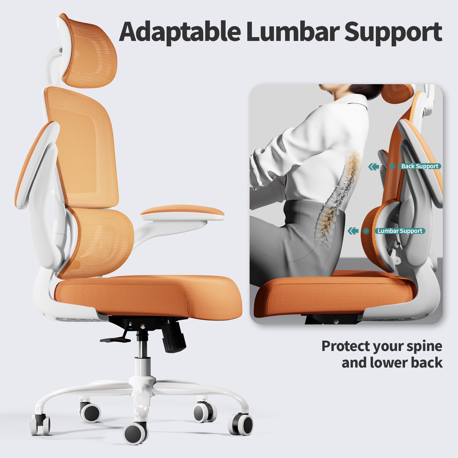 Ergonomic Office Chair with High Back & Mesh Seat - 330 LBS Capacity, Rolling Wheels for Home & Gaming - Comfortable Desk Chair for Long Hours Work (Orange) - Perfect for Home Office, Gaming Setup & Workspace