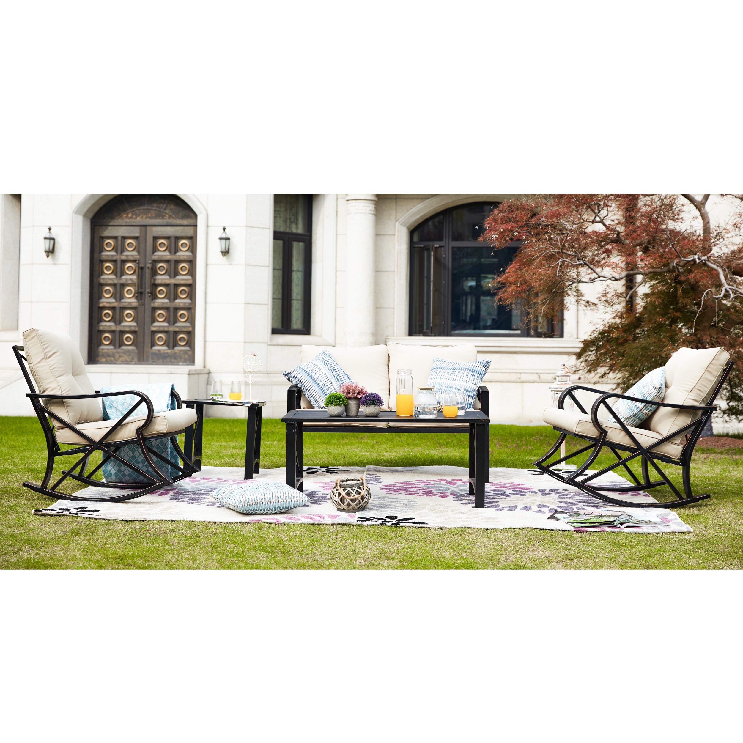 LOKATSE HOME 5-Piece Patio Furniture Set - Outdoor Bistro Conversation Set with Loveseat and 2 Coffee Tables, Khaki - Perfect for Garden, Backyard, Deck, and Poolside Relaxation
