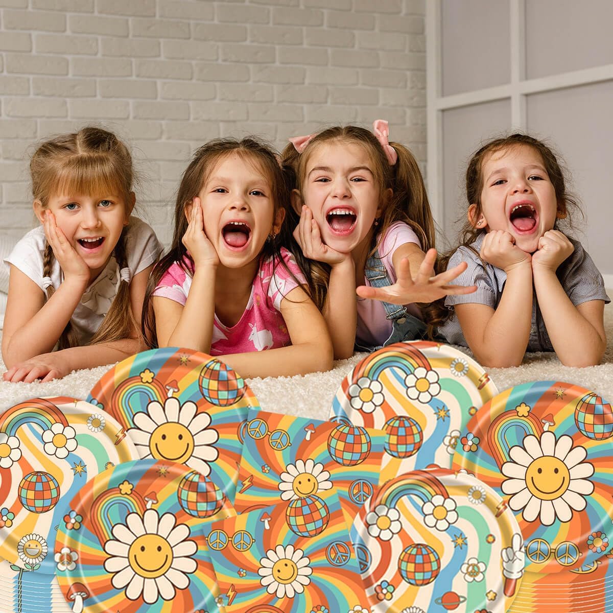 96-Piece Groovy Hippie 70s Party Supplies Kit - Boho Flower Rainbow Disposable Tableware Set with Plates, Napkins & Forks - Retro Daisy Birthday Party Decorations & Favors - Perfect for 70s Theme Parties, Boho Baby Showers, and Hippie Birthday Celebrations (Serves 24)