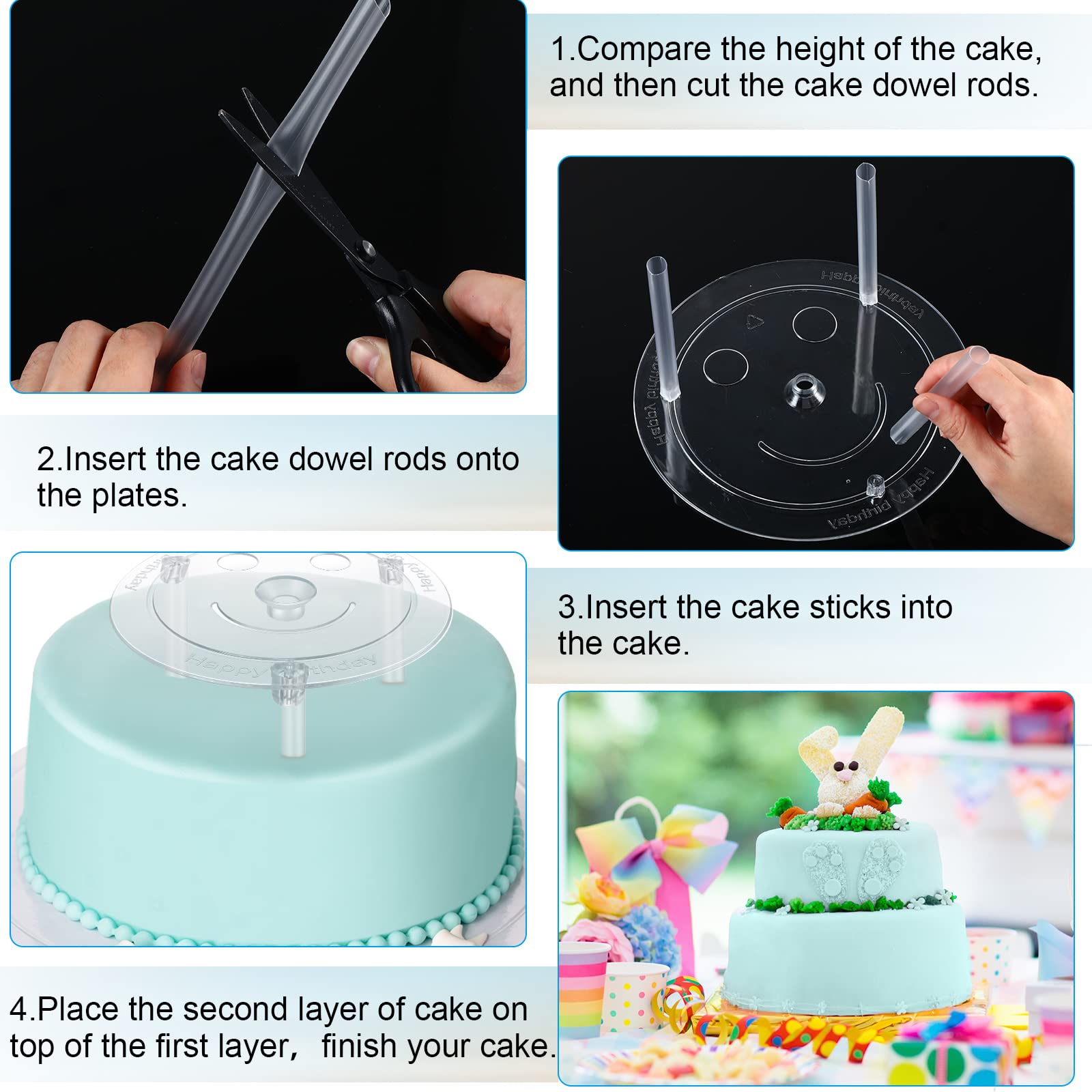40-Piece Plastic Cake Dowel Rods Kit - 20 White Cake Support Sticks, 5 Cake Separator Plates (4/6/8/10/12 Inch), 15 Clear Stacking Dowels for Tiered Cakes - Perfect for Wedding, Birthday & Multi-Layer Cake Decorating