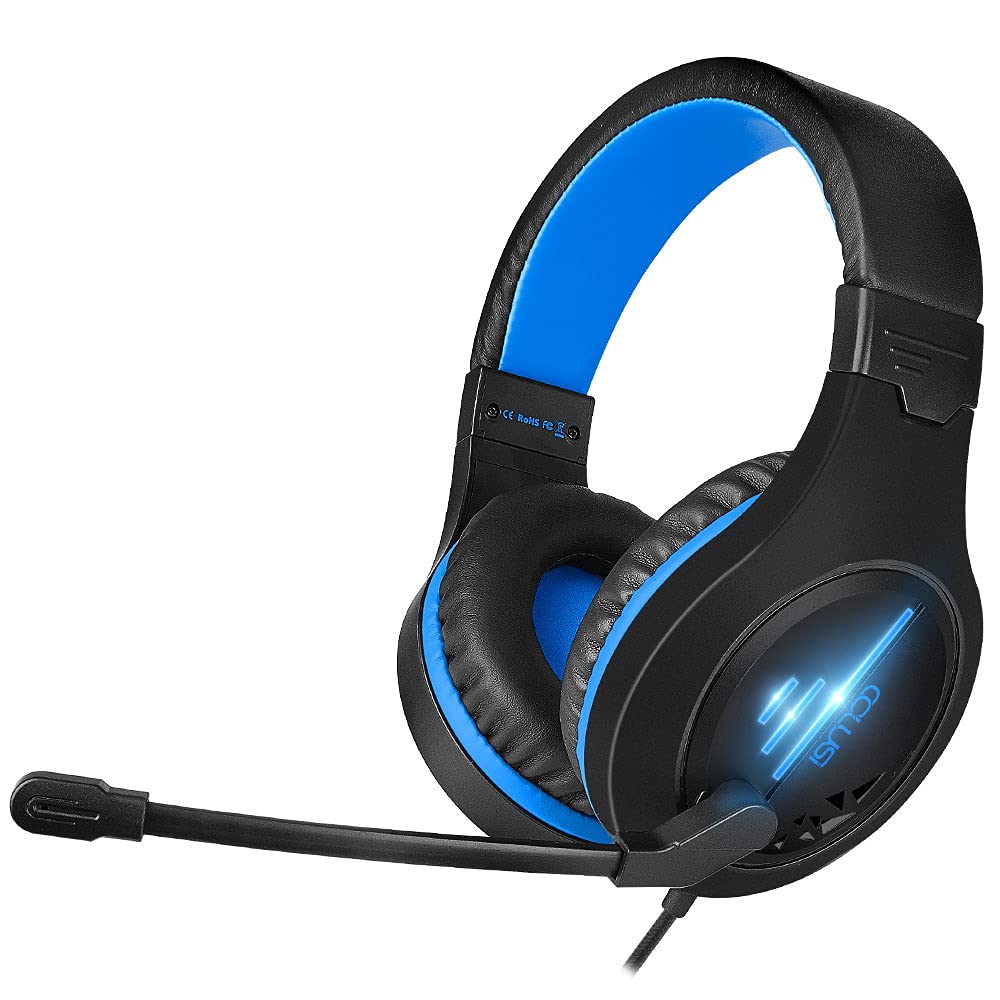 COLUSI C100 Stereo Gaming Headset with Noise Cancelling Mic, Blue LED Lights, Over-Ear Soft Memory Foam Earmuffs, In-Line Volume Control - Compatible with Xbox One, PS4, PS5, Mac, PC, Laptop (Blue) - Perfect for Competitive Gaming, Streaming & Online Meetings