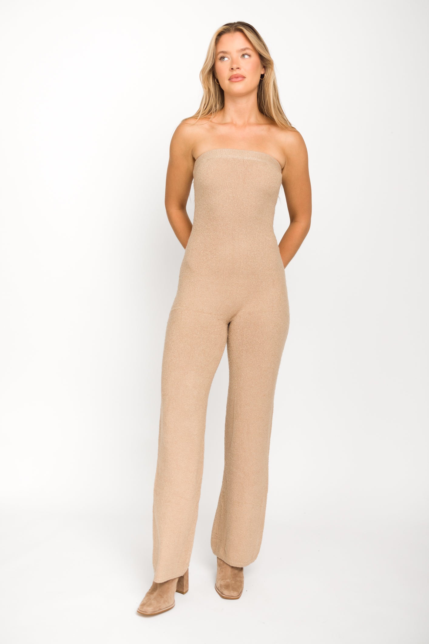 James Strapless Jumpsuit in Tan - Women's Chic Romper for Summer Beach Vacation & Night Out | Comfortable Jumpsuit for Party, Wedding, and Casual Wear