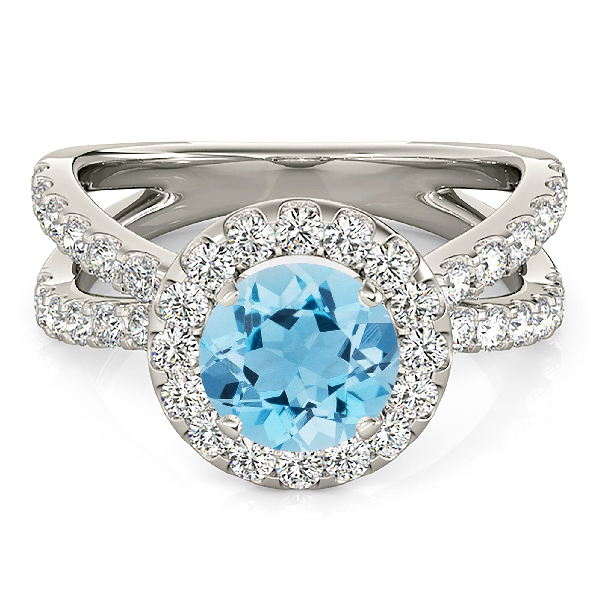 1.75 Carat Genuine Aquamarine Ring with Halo & Criss Cross Split Band - Elegant Wedding, Engagement & Anniversary Jewelry Gift for Women