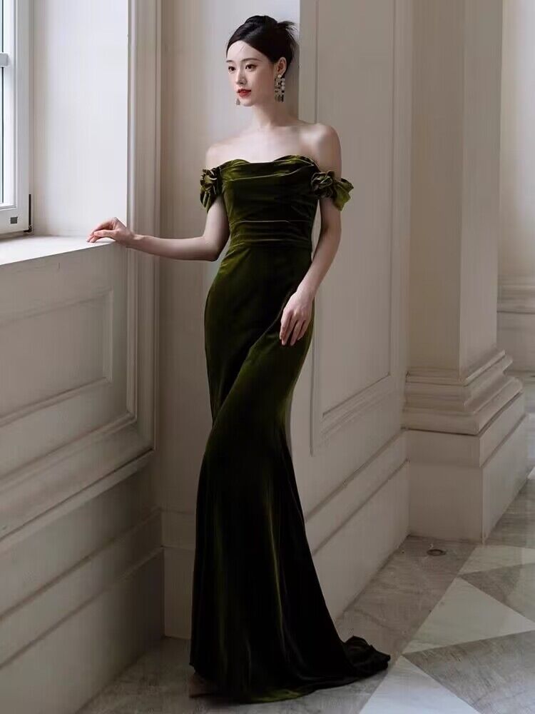 Elegant Off Shoulder Green Velvet Mermaid Prom Dress J2969 - Perfect for Homecoming, Formal Dances & Special Occasions