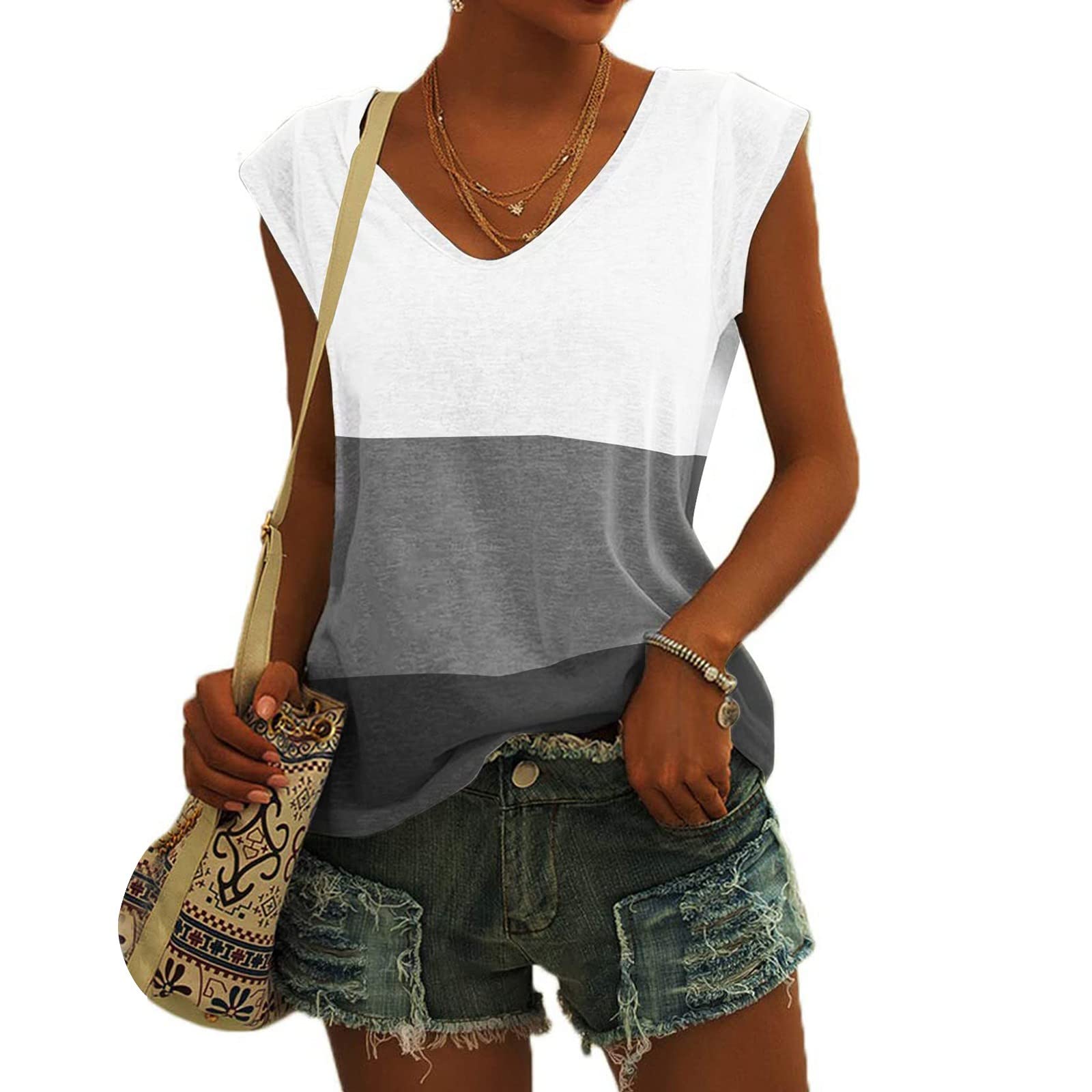 BISXOTY Women's Trendy Cap Sleeve Tank Top - Loose Fit V-Neck Sleeveless Blouse in Solid & Contrast Colors | Casual Summer Wear, Layering Essential, Office to Weekend Outfits