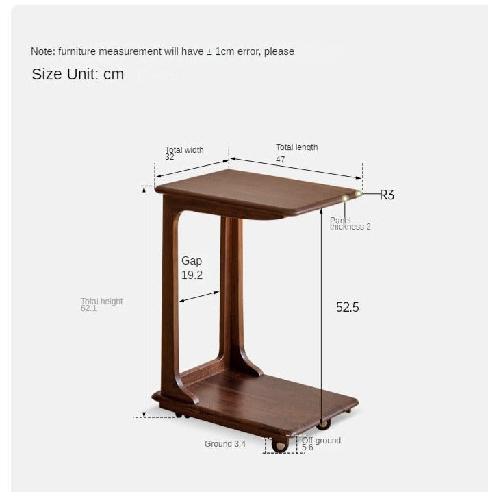 Premium Black Walnut Solid Wood Mobile Side Table - Rolling End Table with Wheels for Living Room, Bedroom, or Office - Natural Wood Nightstand with Storage Shelf