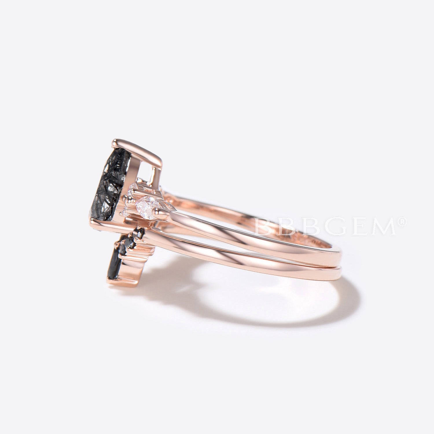 Black Rutilated Quartz Engagement Ring - Moissanite & Spinel Wedding Band for Women - Elegant Jewelry for Proposals, Anniversaries, and Special Occasions