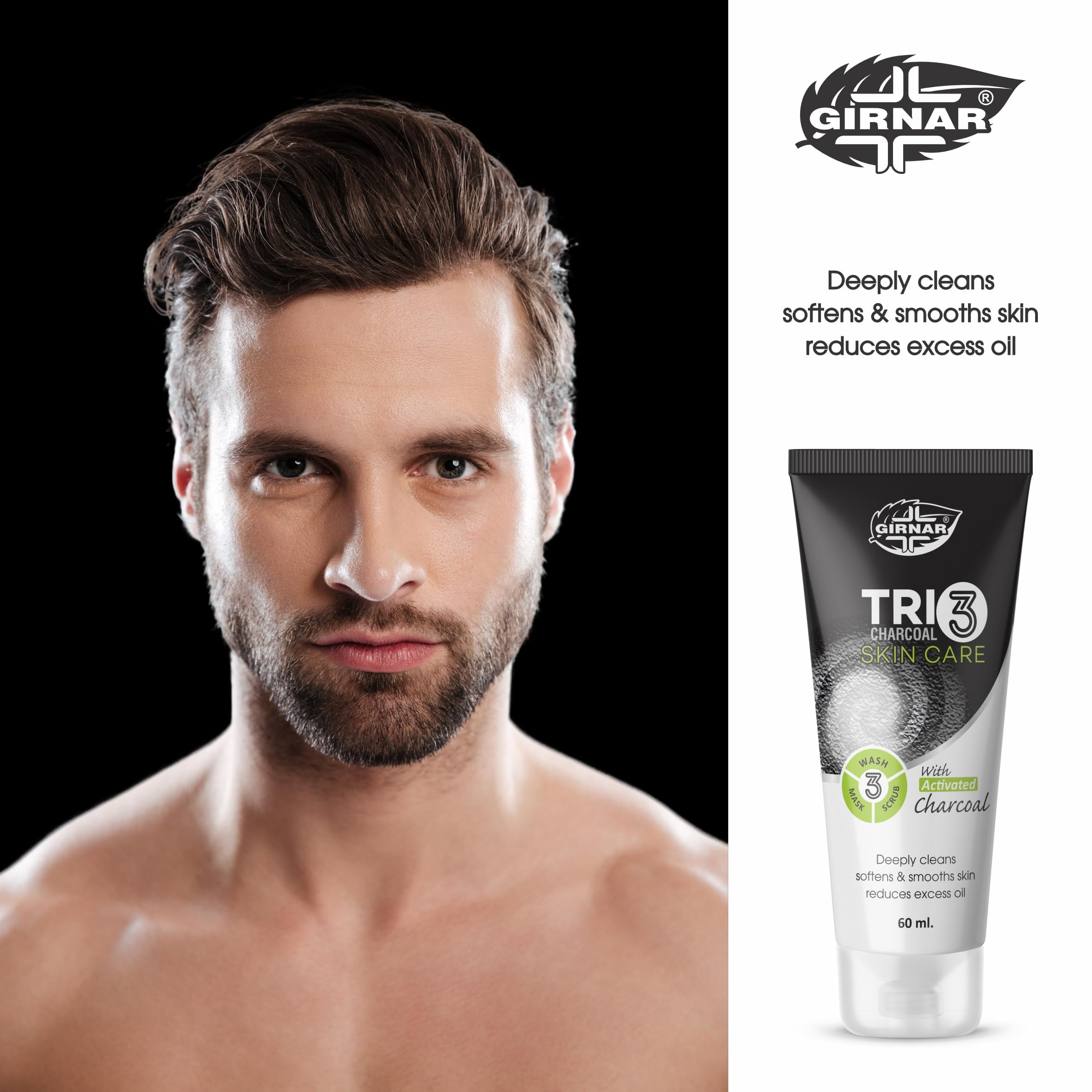 Girnar Trio Charcoal Face Wash - Deep Cleansing & Detoxifying for Clear Skin | 60ml x 3 | Perfect for Daily Skincare Routine