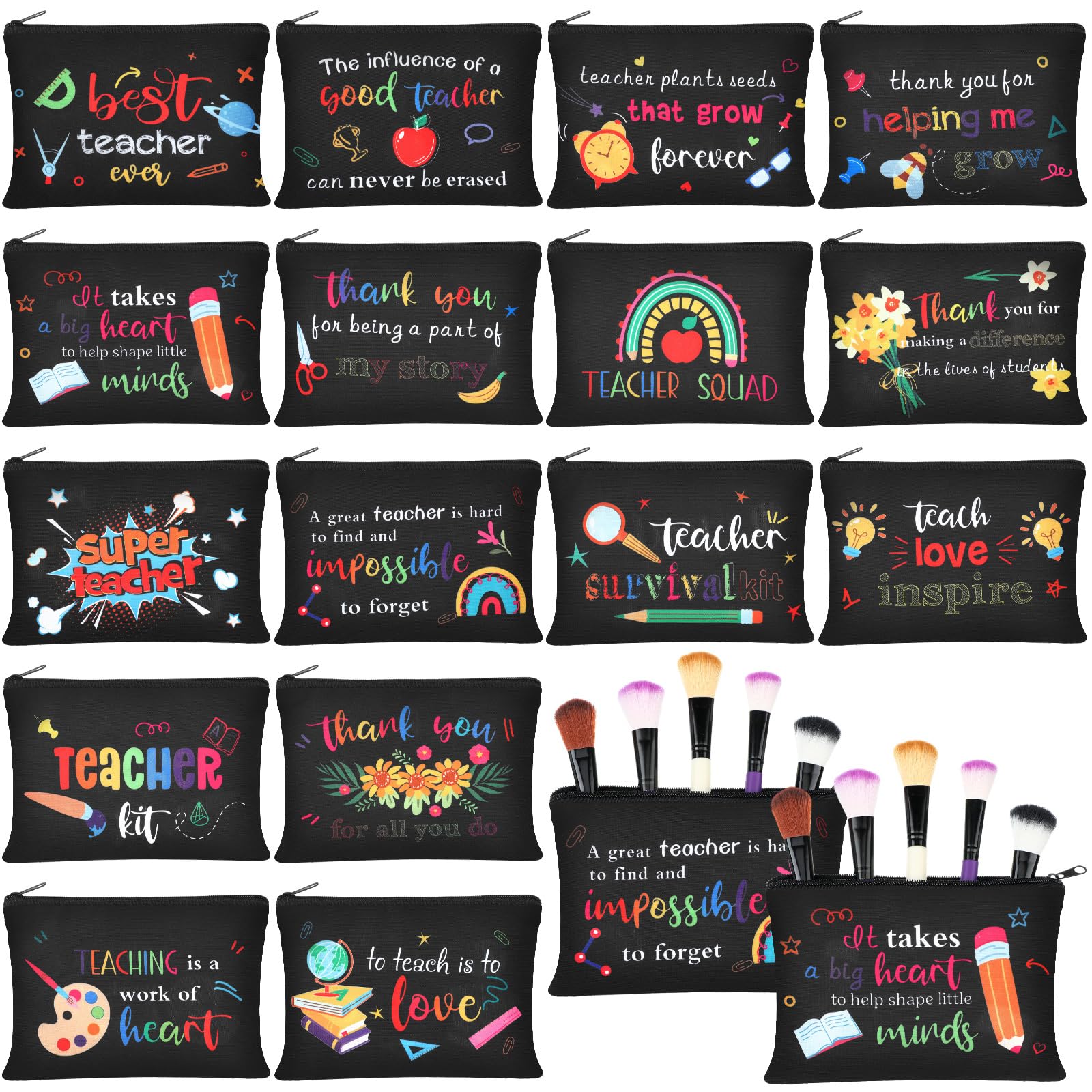 32-Piece Teacher Gift Set - Hillban Cosmetic Makeup Bag & Funny Pencil Pouch for Women - Perfect for Teacher Appreciation, Graduation, Birthday & Christmas - Great for School, Office & Travel Use