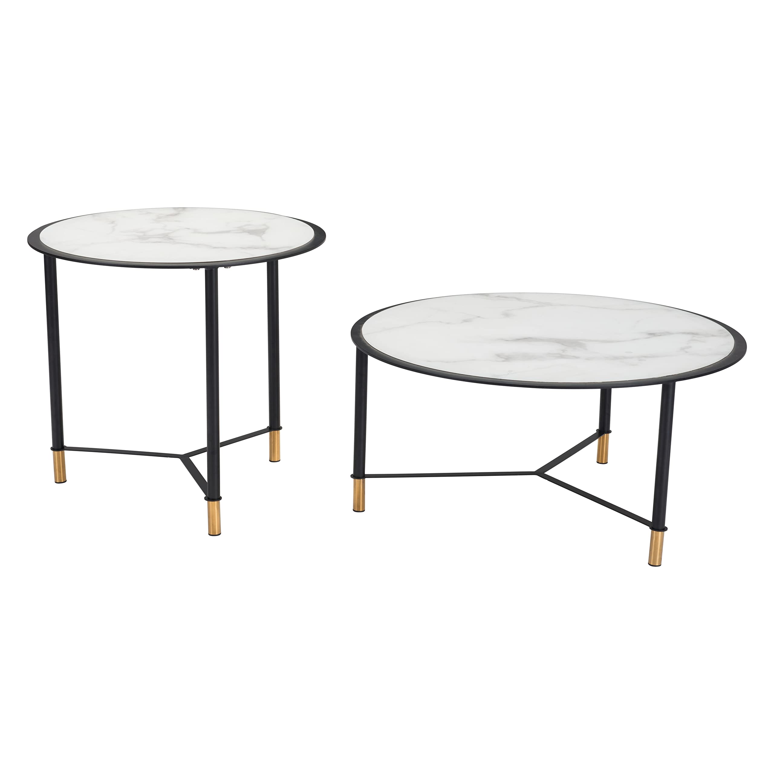 Modern Zuo Davis Coffee Table Set of 2 - Black & White Glass Top End Tables for Living Room, Lounge & Office Decor