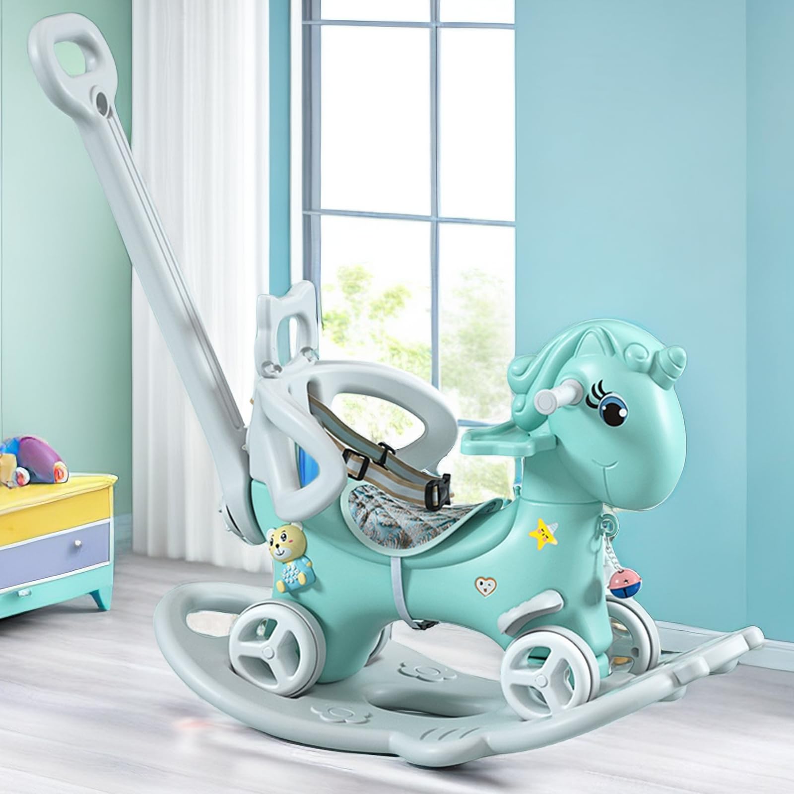 4 in 1 Rocking Horse & Balance Bike for Toddlers 1-3 Years Old - Push Handle Ride On Toy with Backrest & Balance Board - Perfect Birthday Gift for Baby Boys & Girls (Upgraded Blue) - Indoor Playroom & Outdoor Backyard Fun Activity Toy
