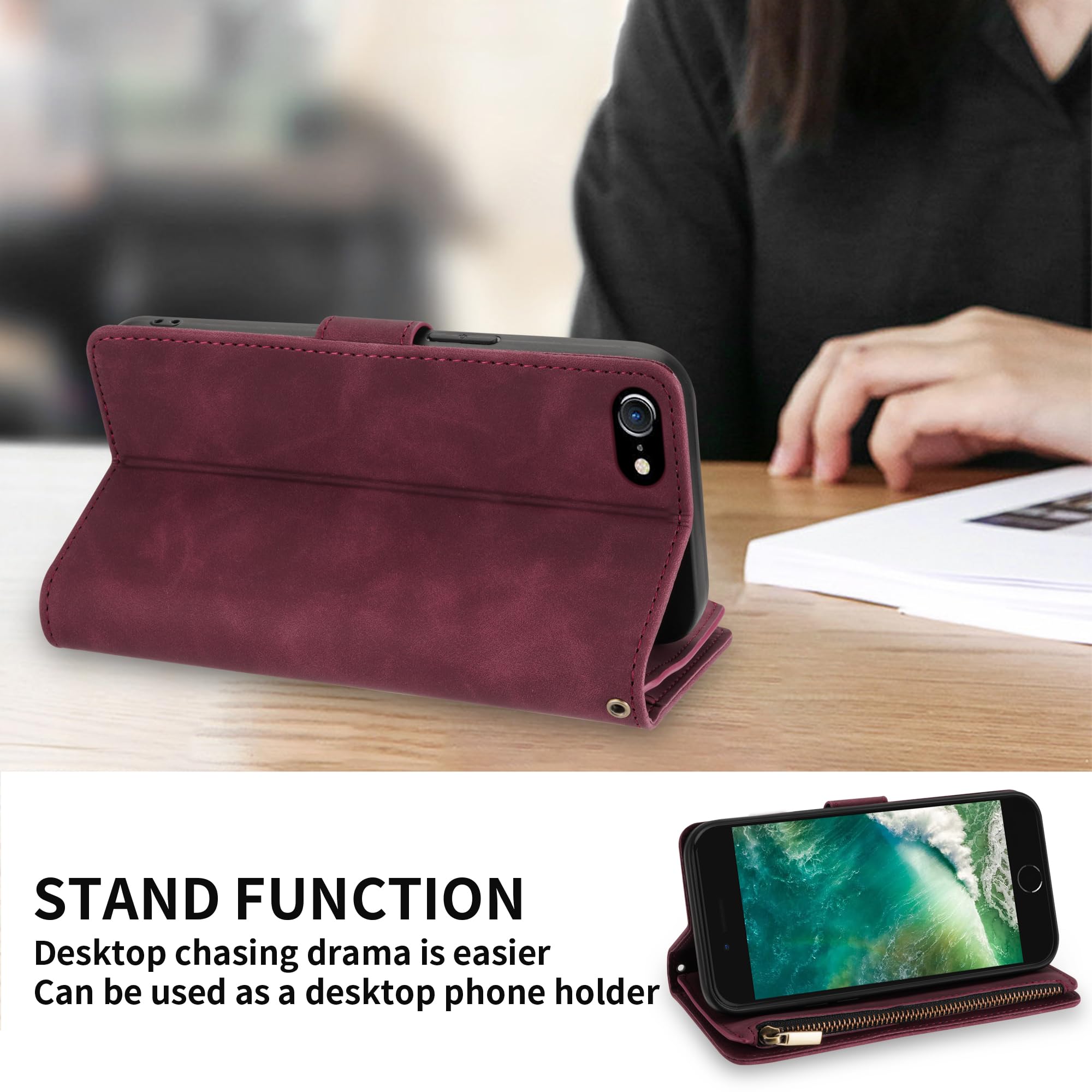 iPhone SE 2022/2020, iPhone 7 & iPhone 8 Wallet Case with RFID Blocking - PU Leather Zipper Flip Folio Cover with Wrist Strap & Kickstand (Wine Red, 4.7 inch) | Perfect for Travel, Commuting & Daily Protection