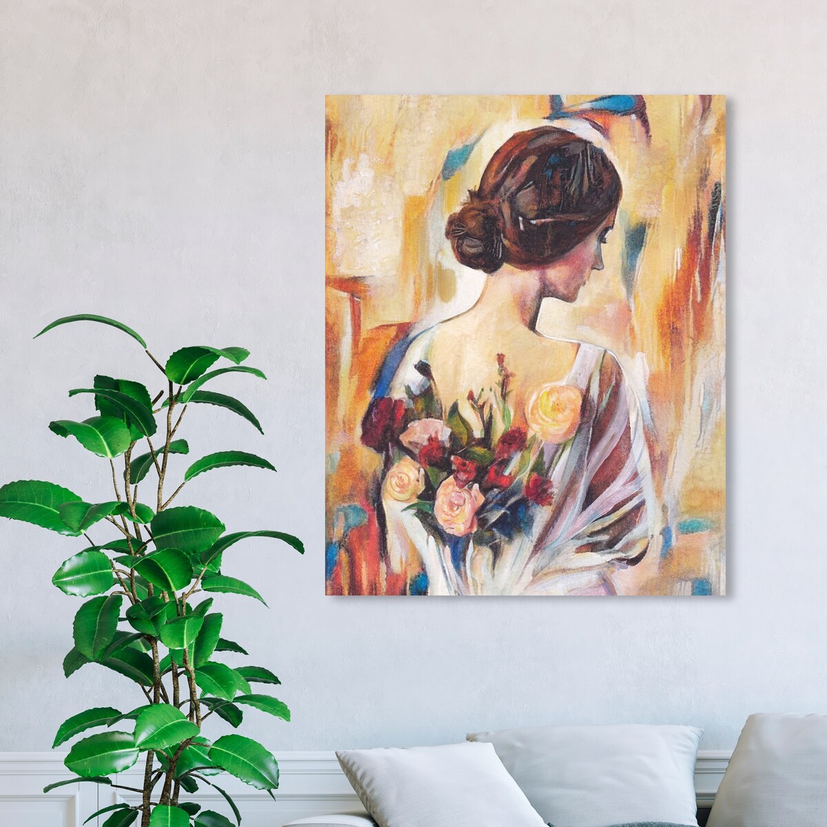 Modern White Canvas Wall Art Print with Back and Flowers - Elegant Female Beauty Floral Decor for Bedroom, Living Room & Home Office