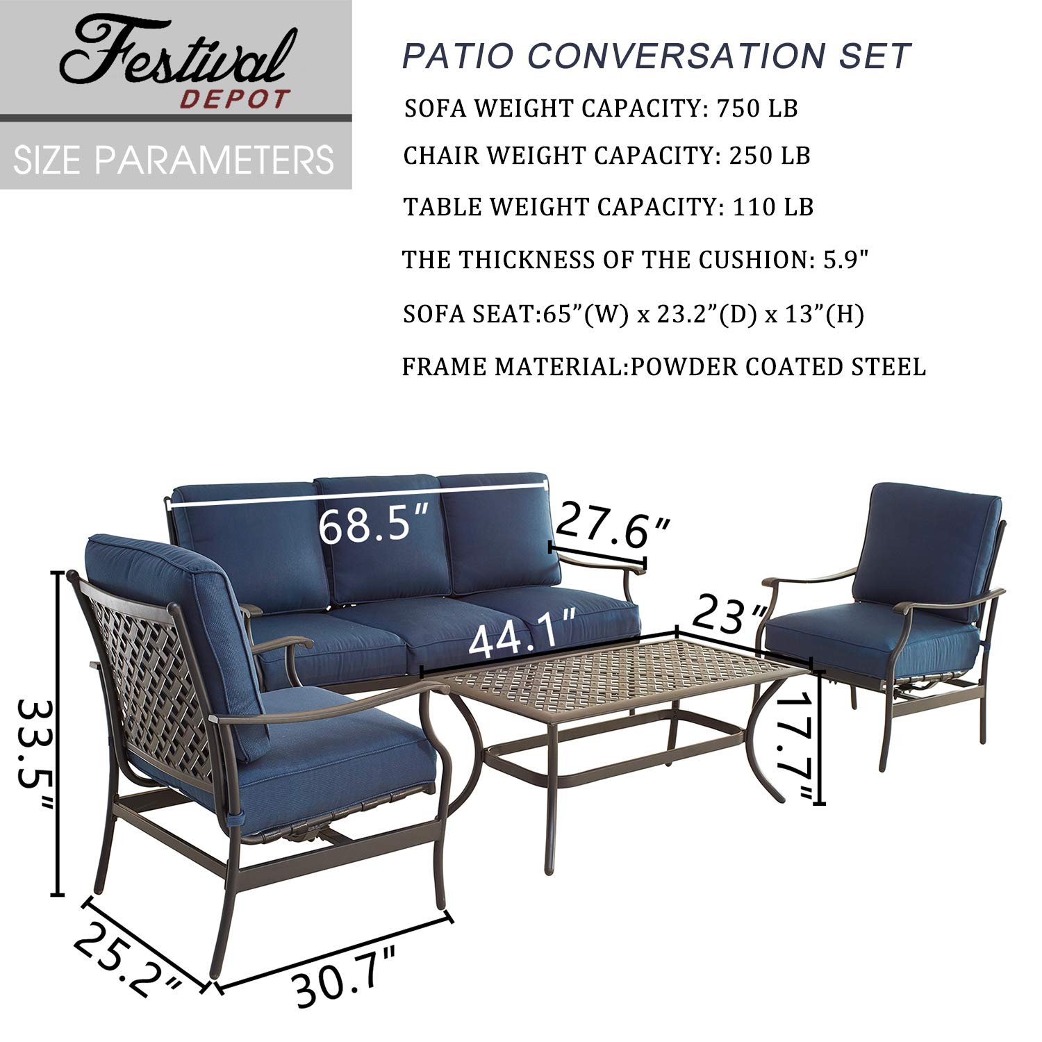 4-Piece Patio Conversation Set with Metal Armchairs, 3-Seater Sofa & Coffee Table - Outdoor Furniture for Deck, Garden, Backyard (Blue) | Perfect for Relaxing, Entertaining & Outdoor Dining