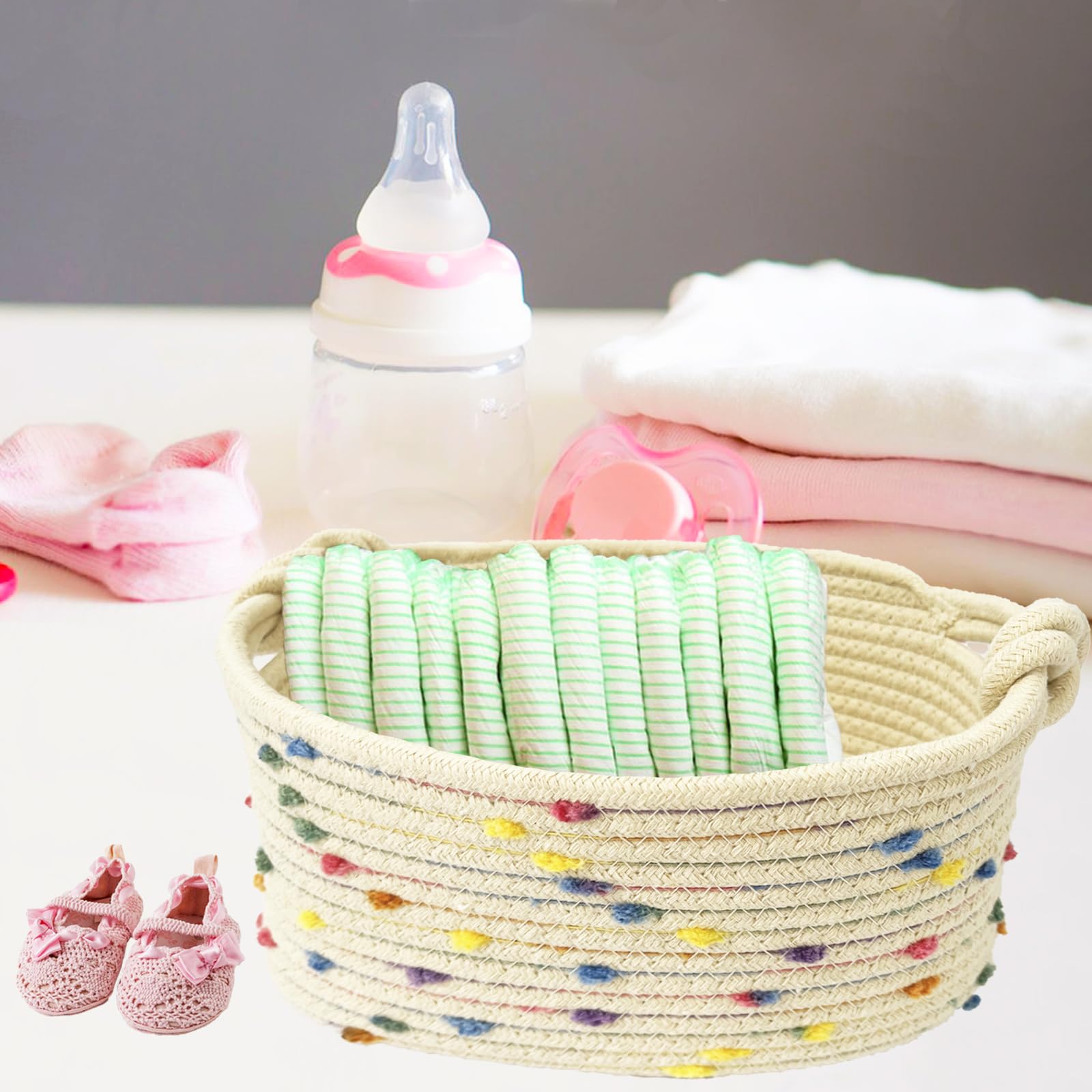 Esme L&H Small Woven Rope Storage Baskets - Set of 3 Decorative Organizer Bins for Baby Nursery, Toys, Shelves & Closet - Rainbow Home Organization Solution for Bedroom, Bathroom & Office Storage Needs