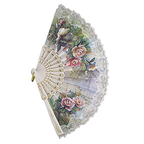 Elegant Hollow Out Peony Print Folding Hand Fan with Lace Trim - Portable Fabric Fan for Women, Wedding, Party & Home Decor (White)