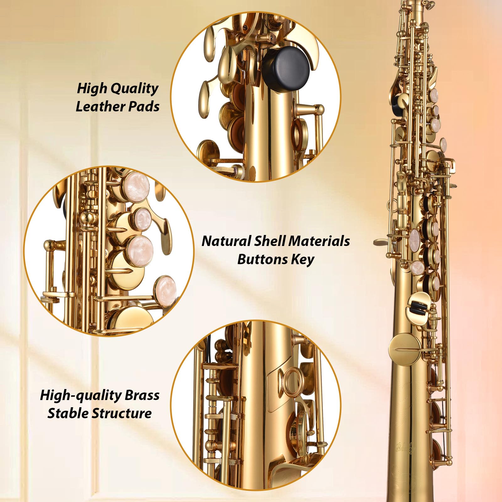 Professional Bb B Flat Soprano Saxophone - Brass Woodwind Instrument for Beginners & Pros with Natural Shell Keys, Carrying Case, Gloves, Cleaning Cloth, Straps & Rod | Perfect for Jazz, Classical & School Band Performances