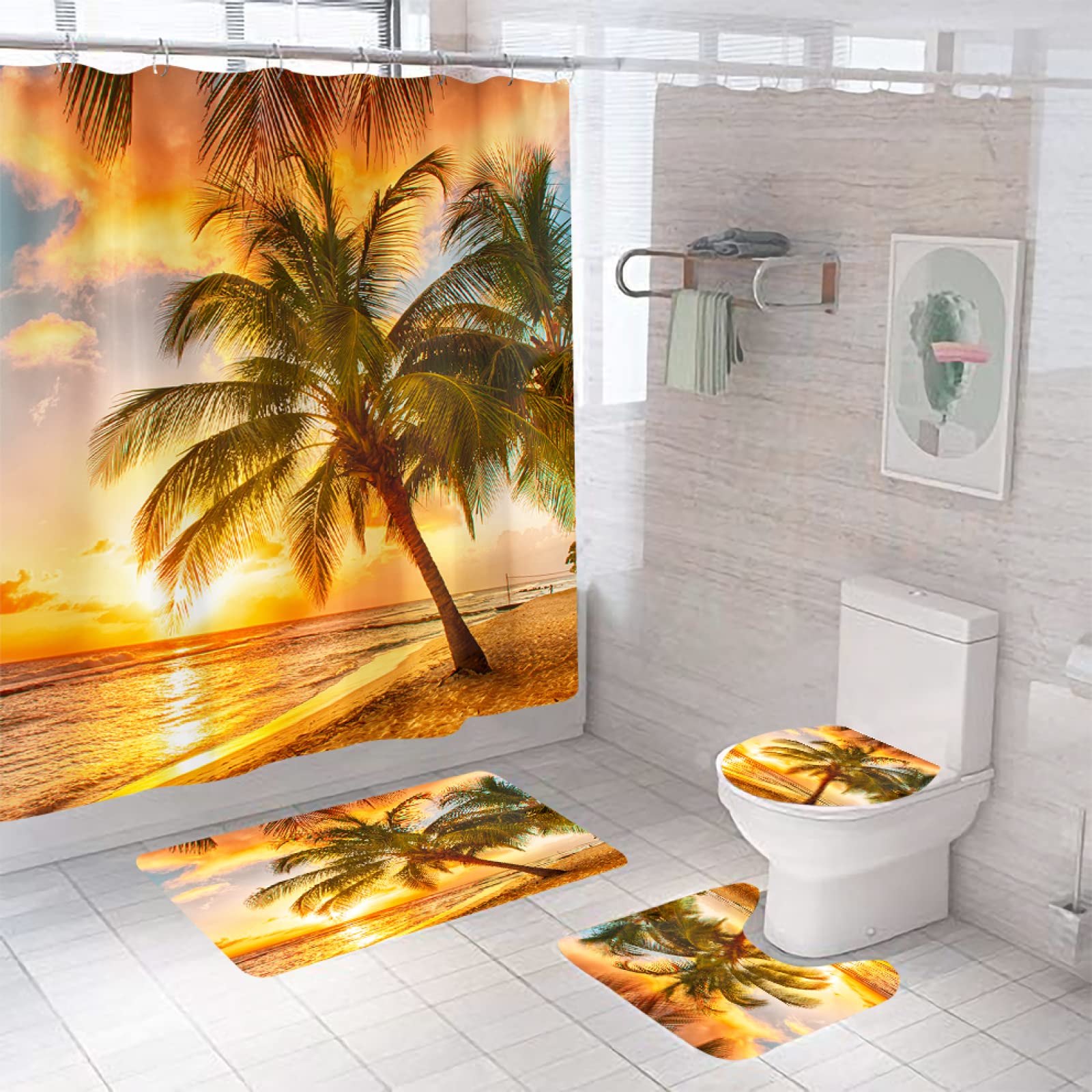 Beach Sunset Scenery Shower Curtain Set - Waterproof Bathroom Decor with Non-Slip Rugs, Toilet Lid Cover & Coconut Tree Waves Design - Includes 12 Hooks & Durable Fabric - Perfect for Coastal, Tropical & Vacation Home Bathrooms