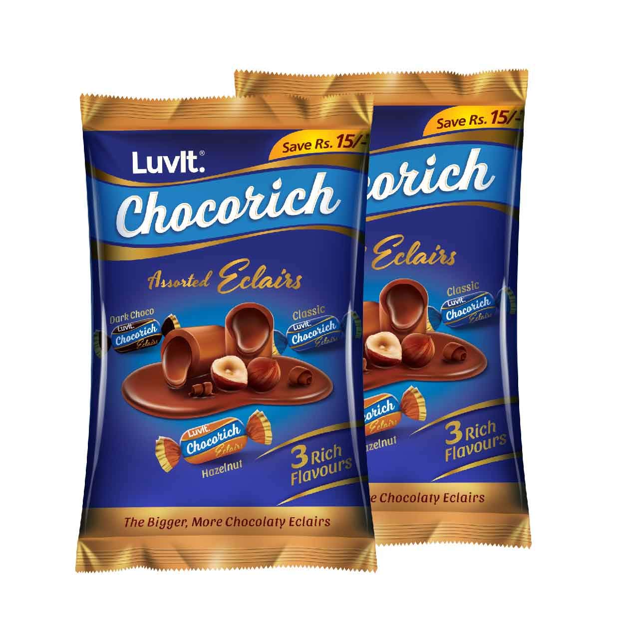 LuvIt Chocorich Assorted Eclairs - Hazelnut, Dark Chocolate & Milk Chocolate | 60 Pieces per Pouch | Pack of 2 (480g Each) | Perfect for Birthday Parties, Office Snacks & Gift Baskets