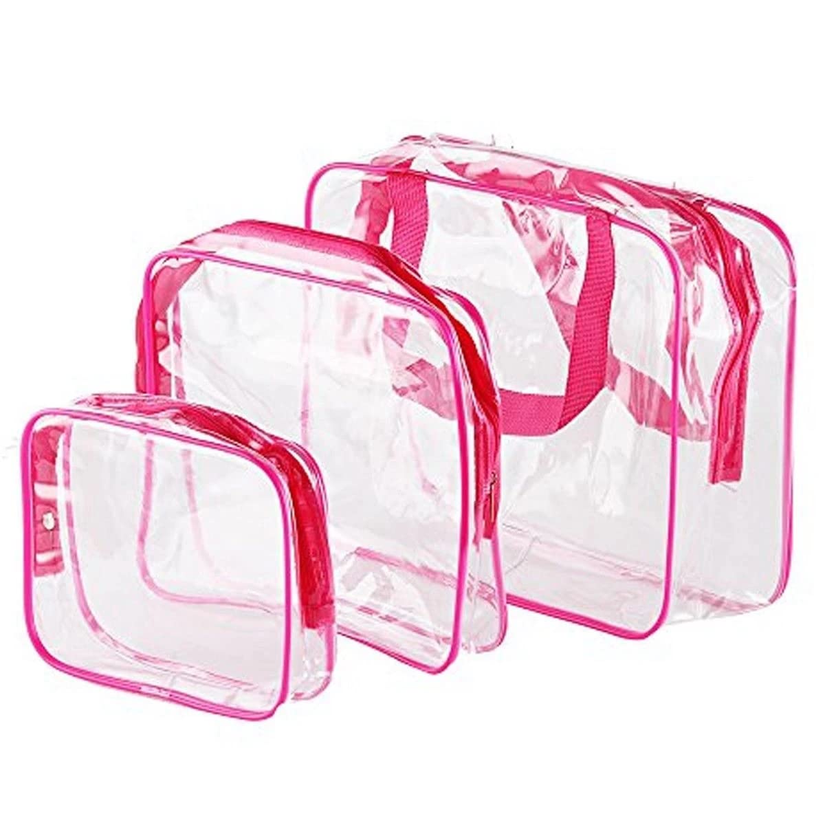 **GLAMZA® 6-Piece Clear Travel Toiletry Bag Set - Small, Medium & Large PVC Cosmetic Organizers for Men & Women | Includes 5x 50ml Travel Bottles | Perfect for Makeup, Toiletries & Airplane Carry-On (Pink)**