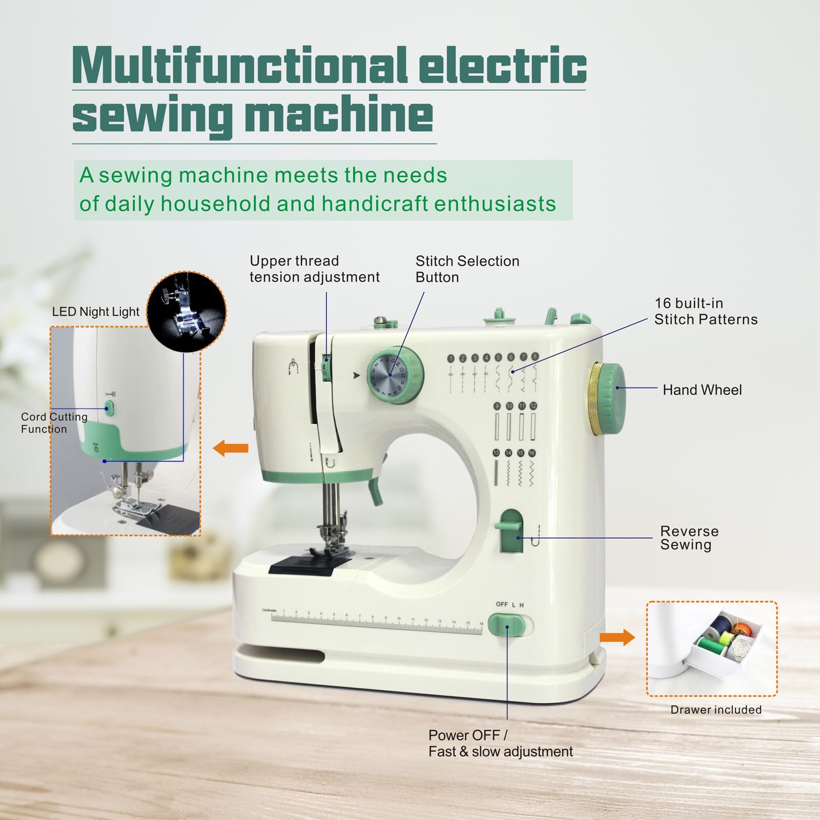 Portable Sewing Machine for Beginners - 16 Built-in Stitches with Reverse Function, Adjustable Speed, Dual Needle System & Foot Pedal (Includes Extension Table) - Perfect for Home DIY Projects, Quilting, Clothing Repairs and Crafting