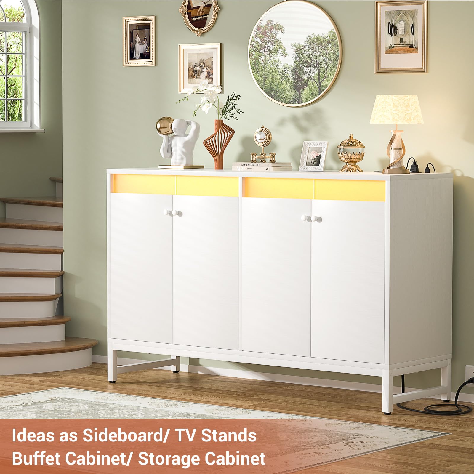 Aheaplus Modern Sideboard Buffet Cabinet with Built-in Power Outlet & LED Lighting - Kitchen Storage Cabinet with Doors - Accent Cupboard Buffet Table for Dining Room, Living Room, Hallway - Perfect for Home Decor & Entertaining - White