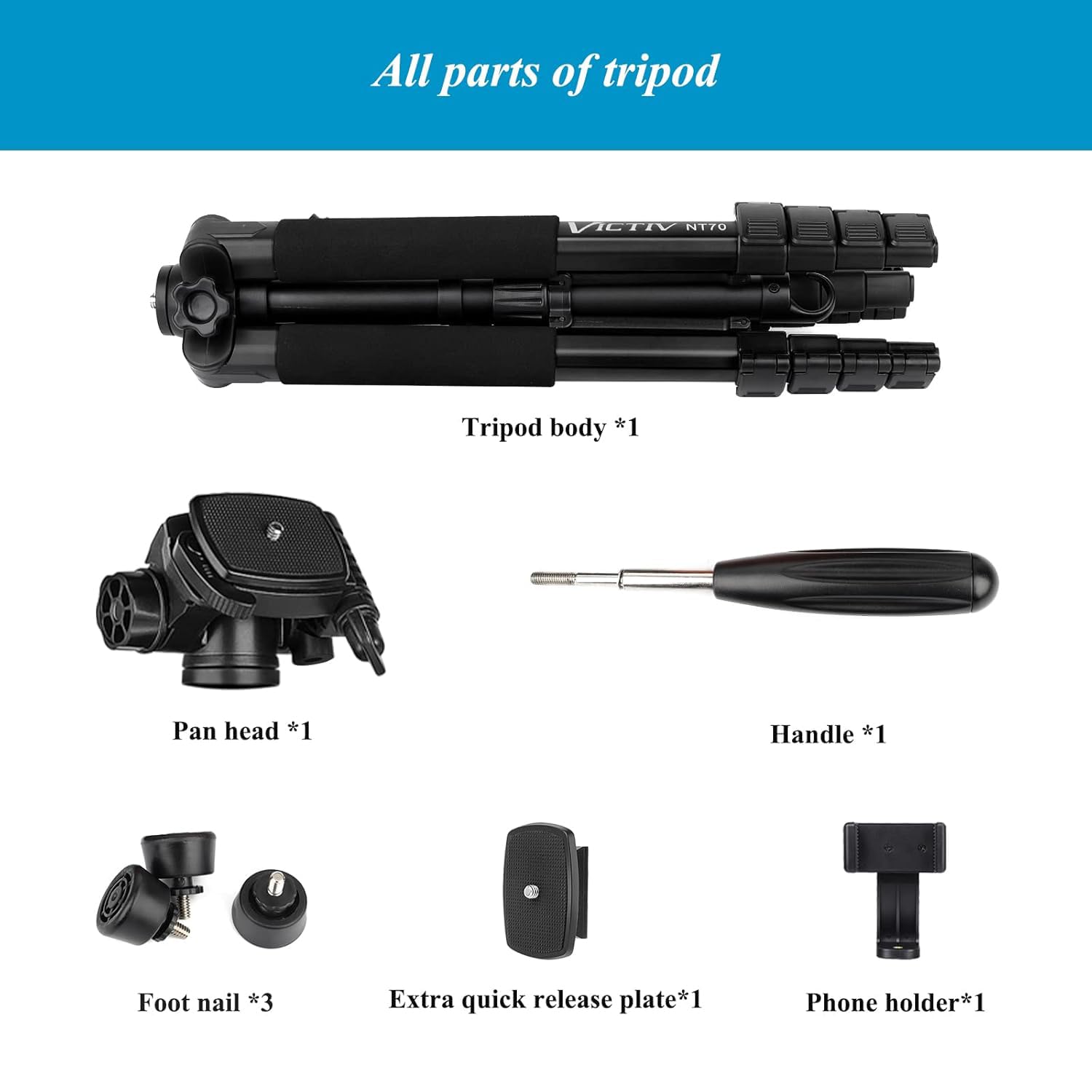 Victiv 52-185cm Lightweight Aluminum Camera Tripod with Removable 3-Way Head - DSLR Tripod for Canon Nikon Sony, Smartphone Tripod with Phone Mount - Perfect for Travel, Vlogging & Photography